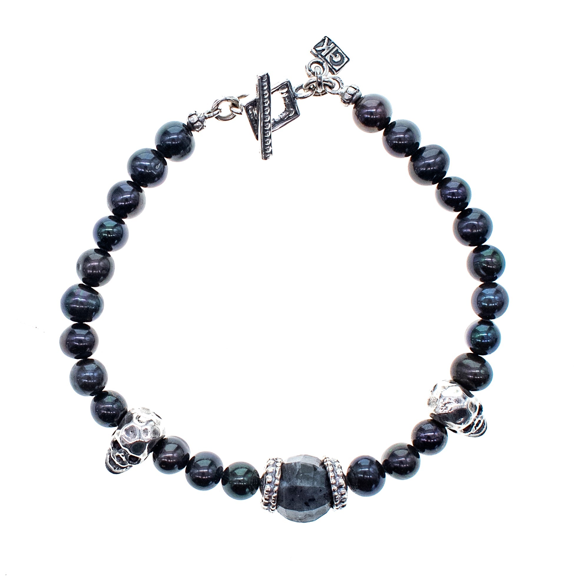 B 25f03 Skull & Black Beaded Bracelet