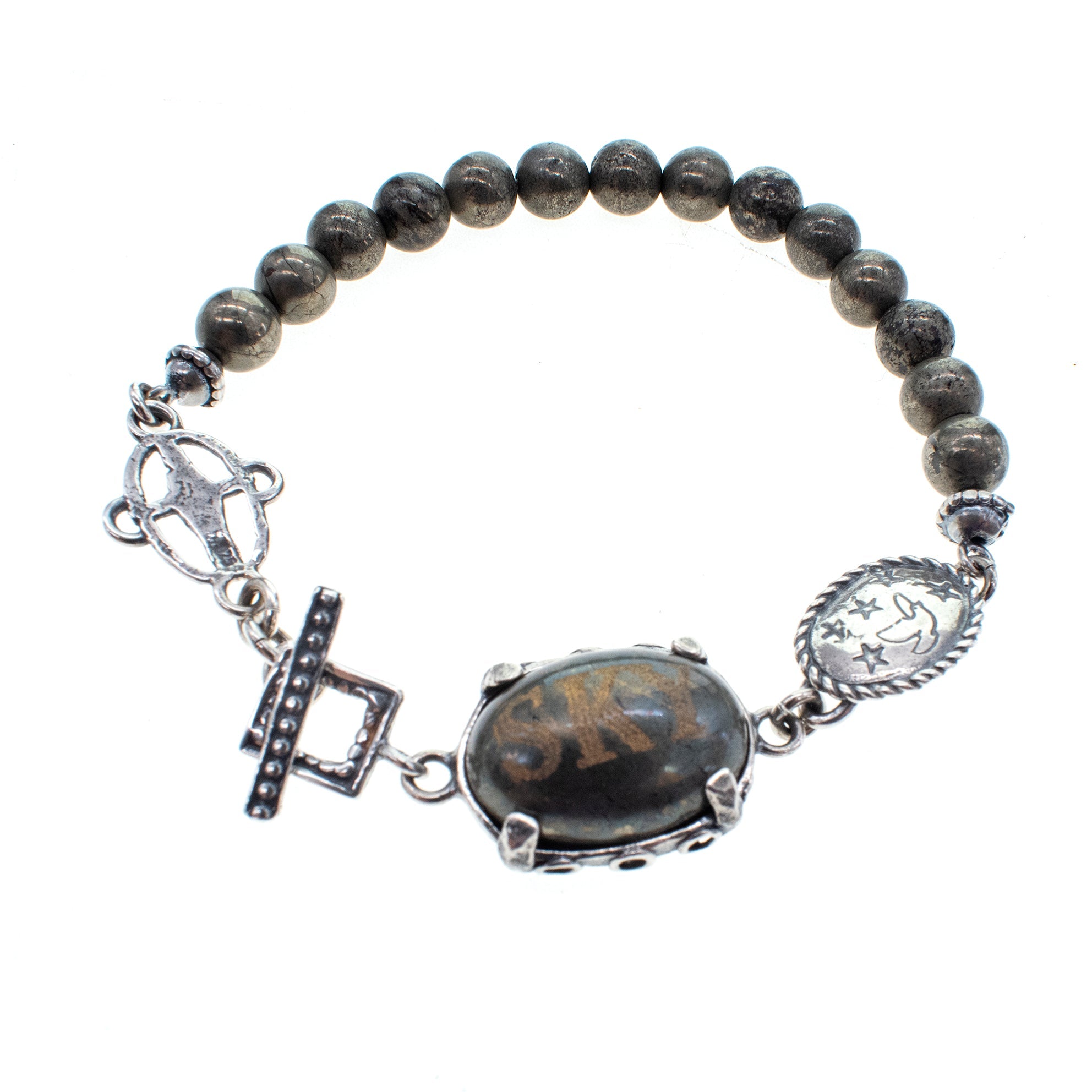B 26a07 Engraved Pyrite "Sky" Beaded Bracelet