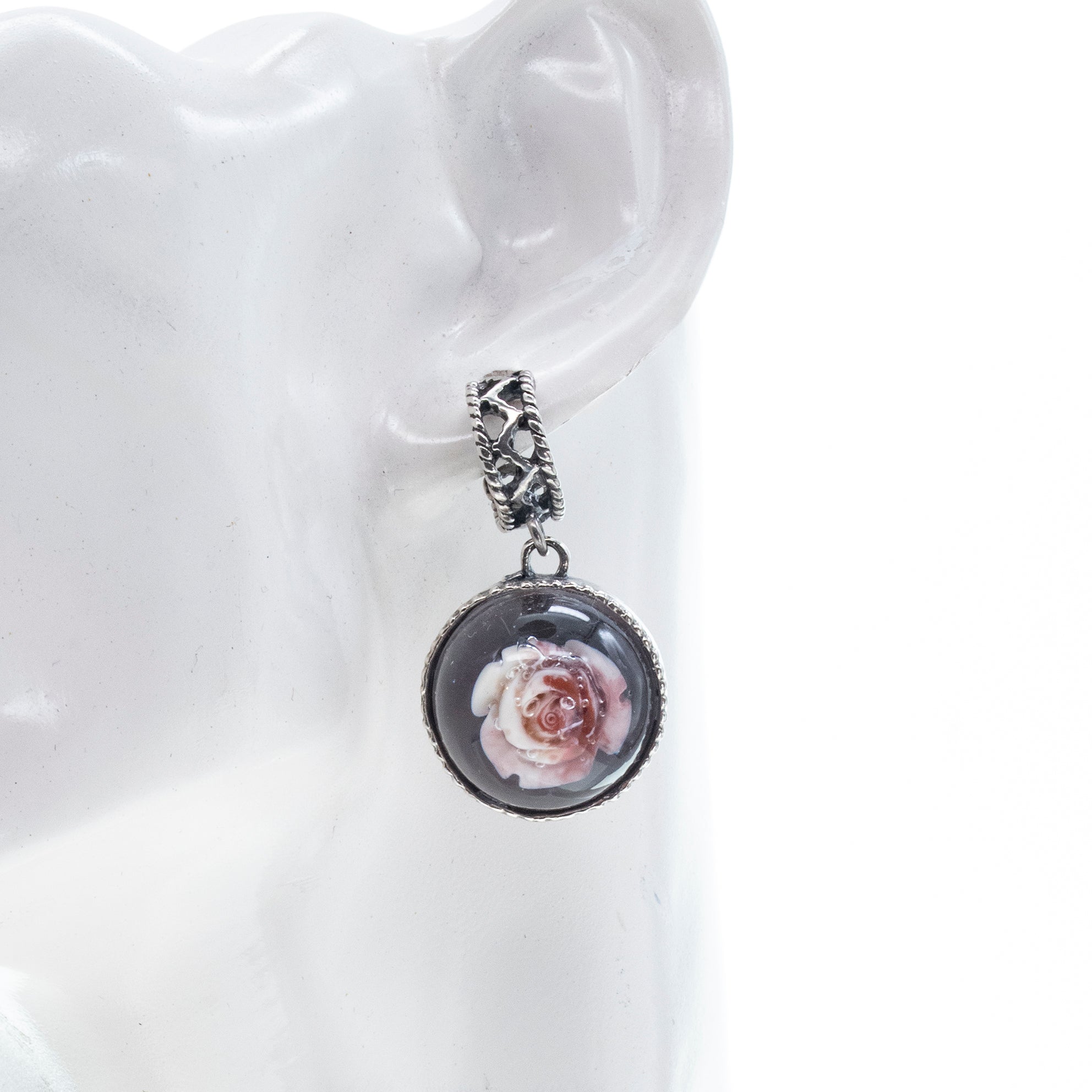 E 26a01 Rose in Resin Drop Earrings