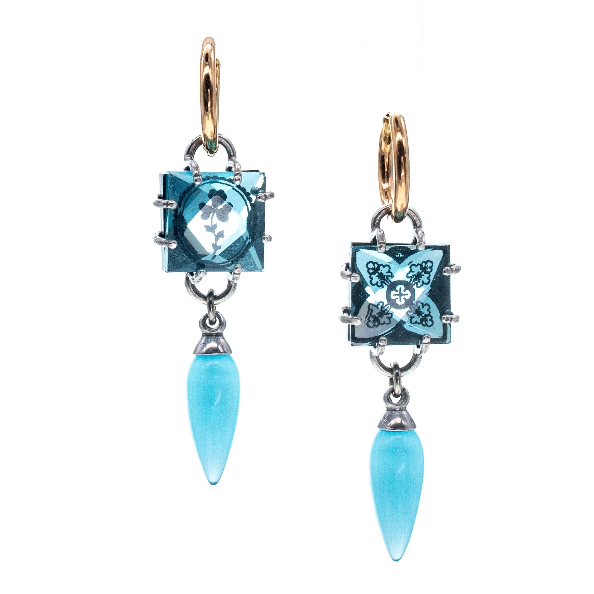 E 26a10 Intaglio Blue Crystal & Tiger Eye Hoop Earrings