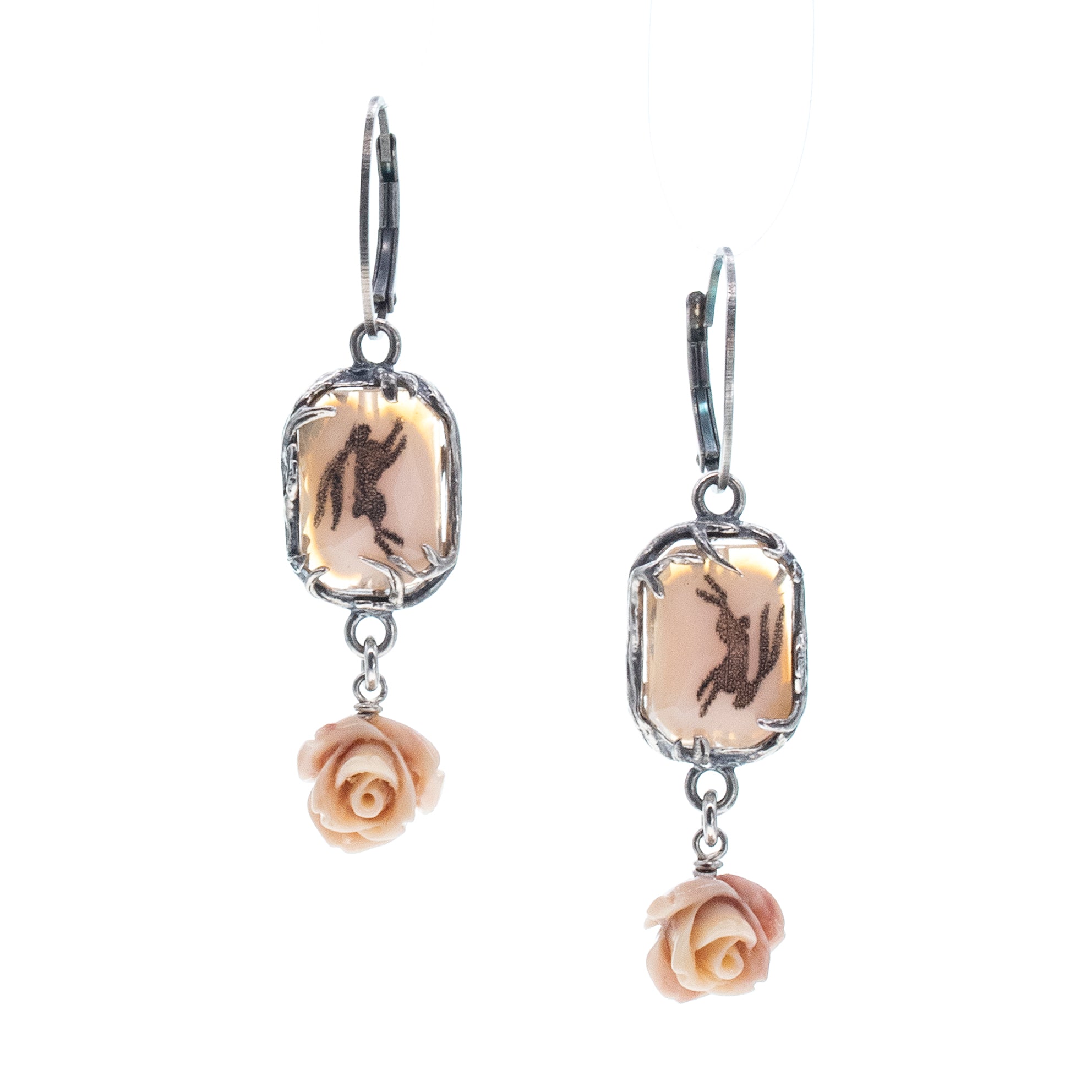 E 26a14 Pink Engraved Vintage Crystal & Rose Drop Earrings