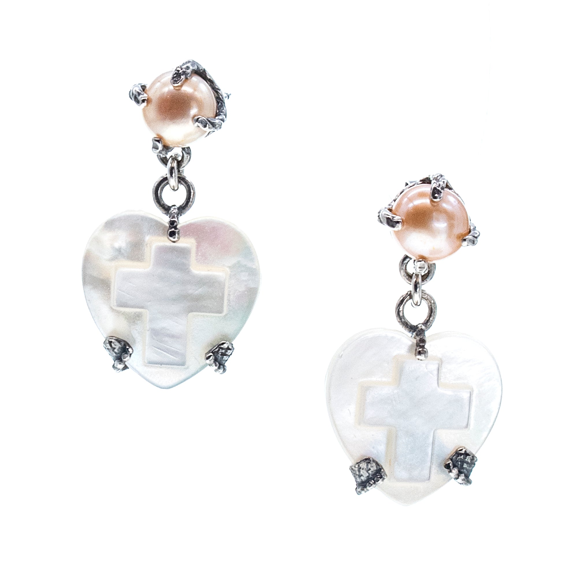 E 26a16A White Heart & Cross Mother of Pearl Drop Earrings