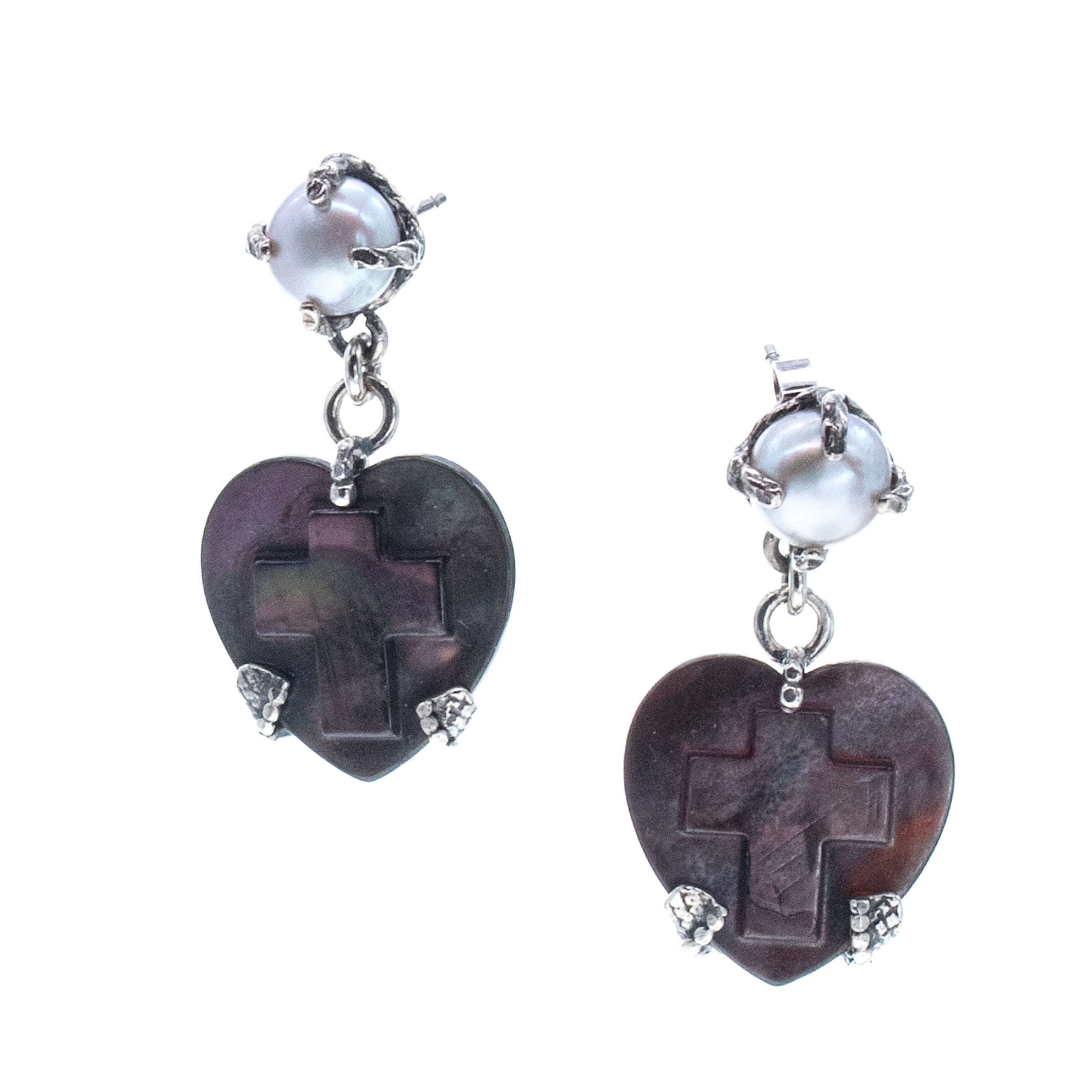 E 26a16B Black Heart & Cross Mother of Pearl Drop Earrings