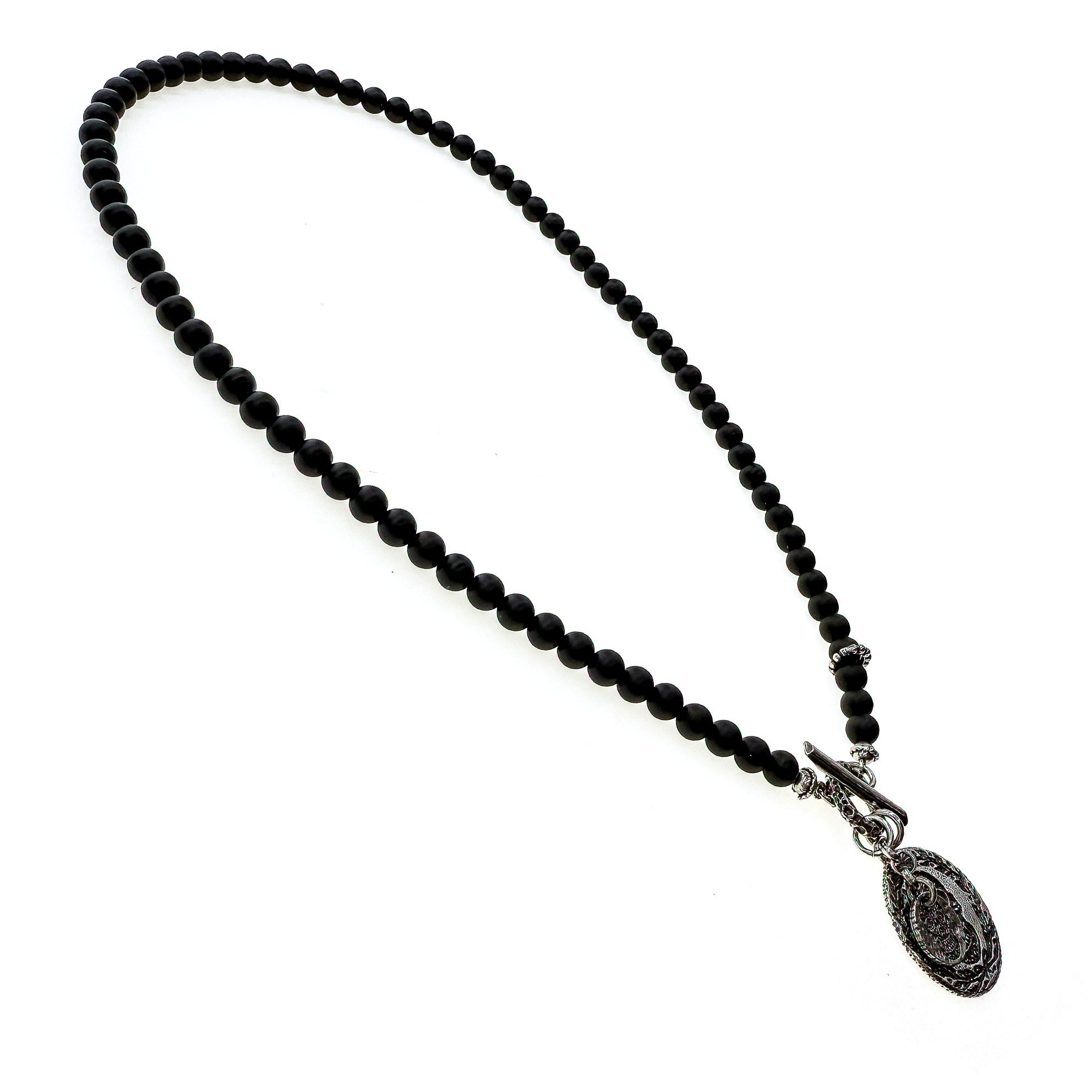 NK 25c02 Black Onyx Sugar Skull Coin Necklace