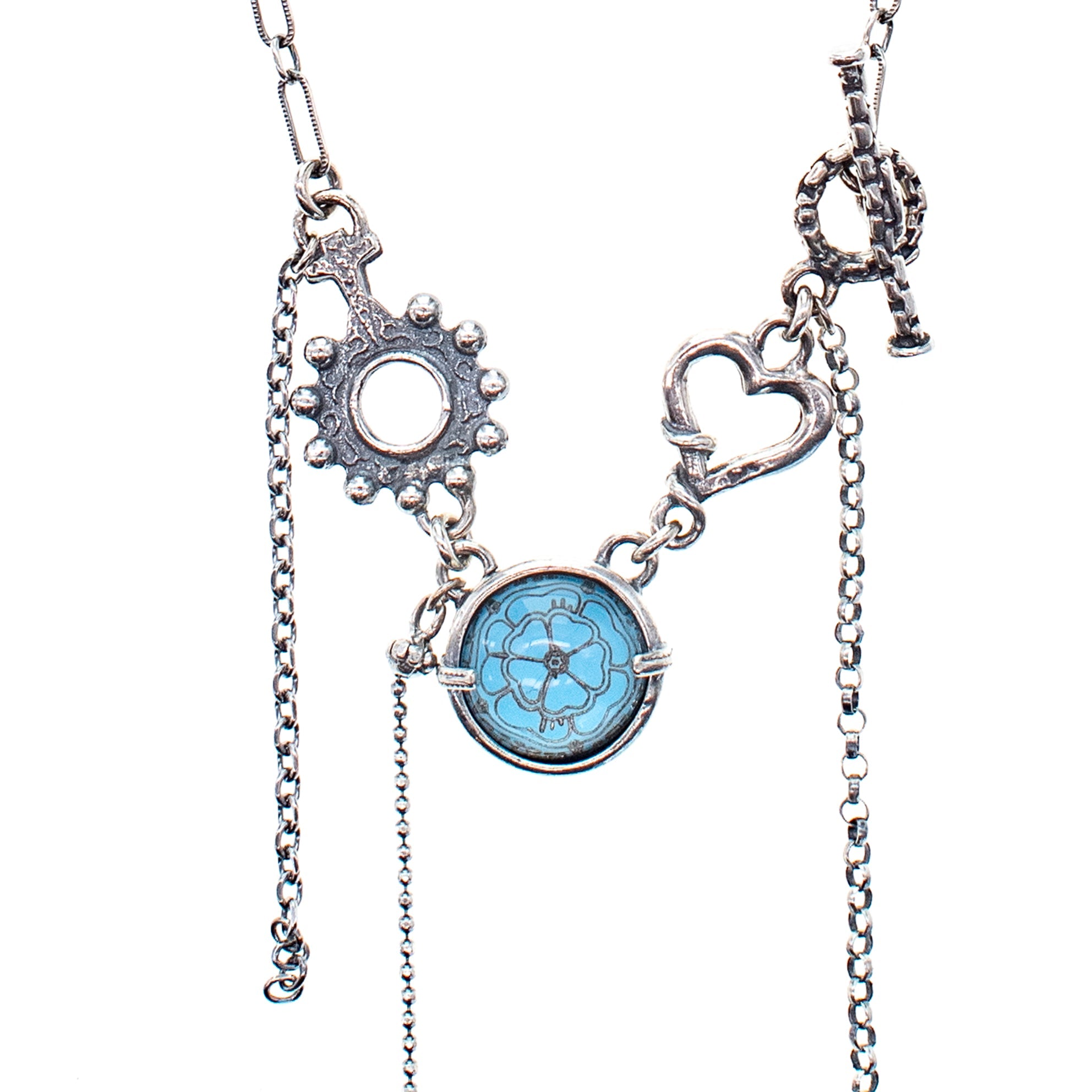 NK 25e14B Blue Intaglio Fringe Necklace