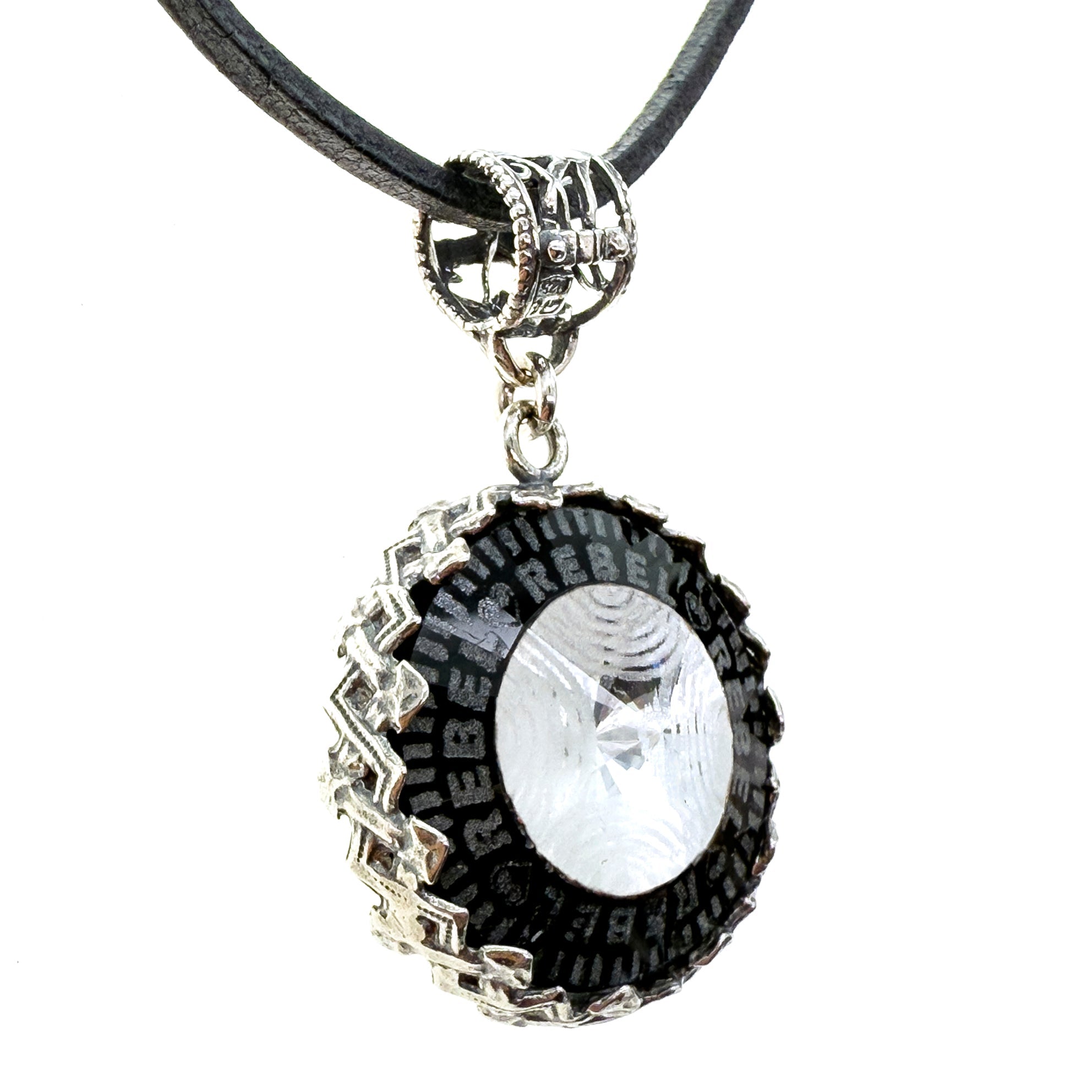 NK 25f02B Rebel Rebel Black engraved glass crystal necklace