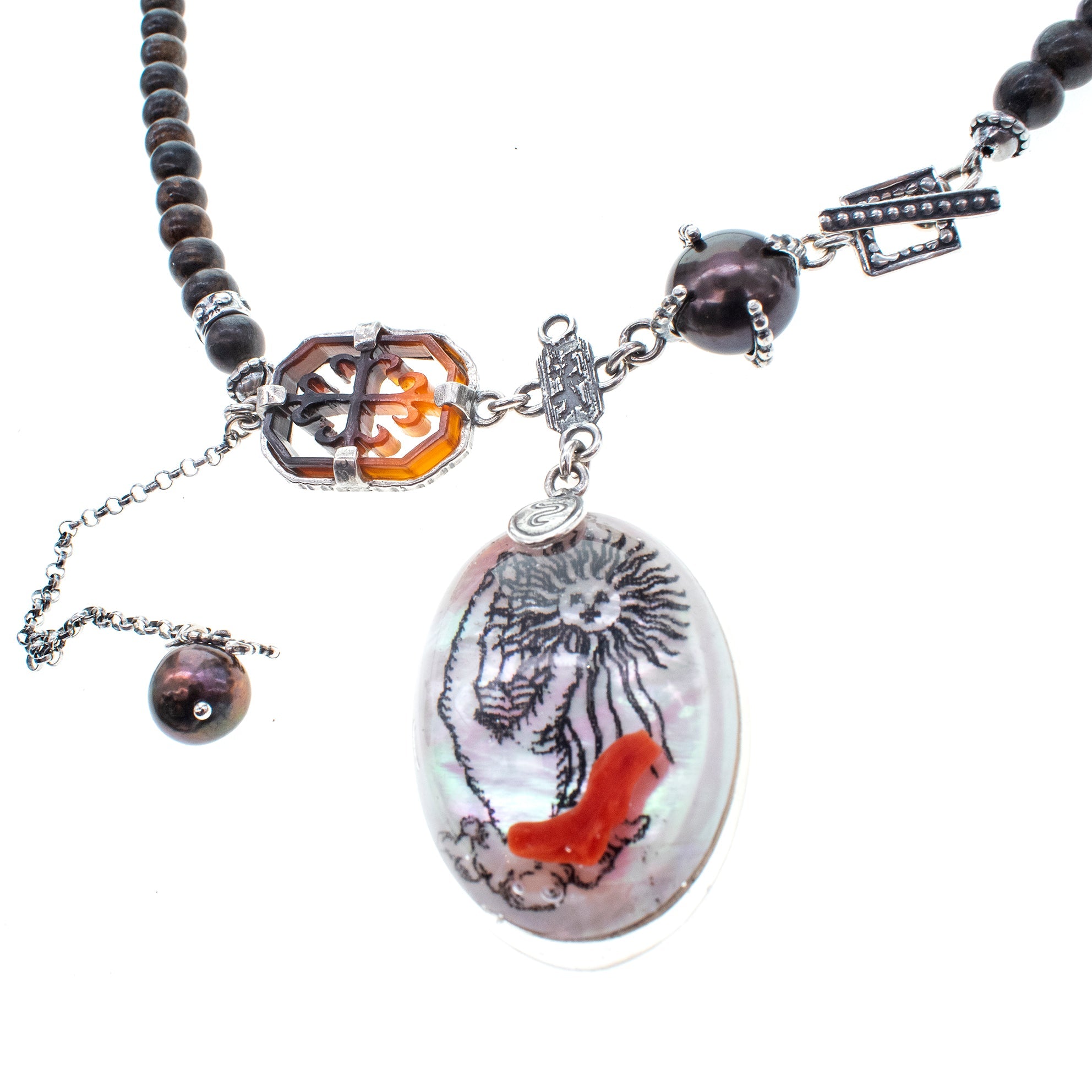 NK 26a04 Bronzite & Coral Resin Necklace
