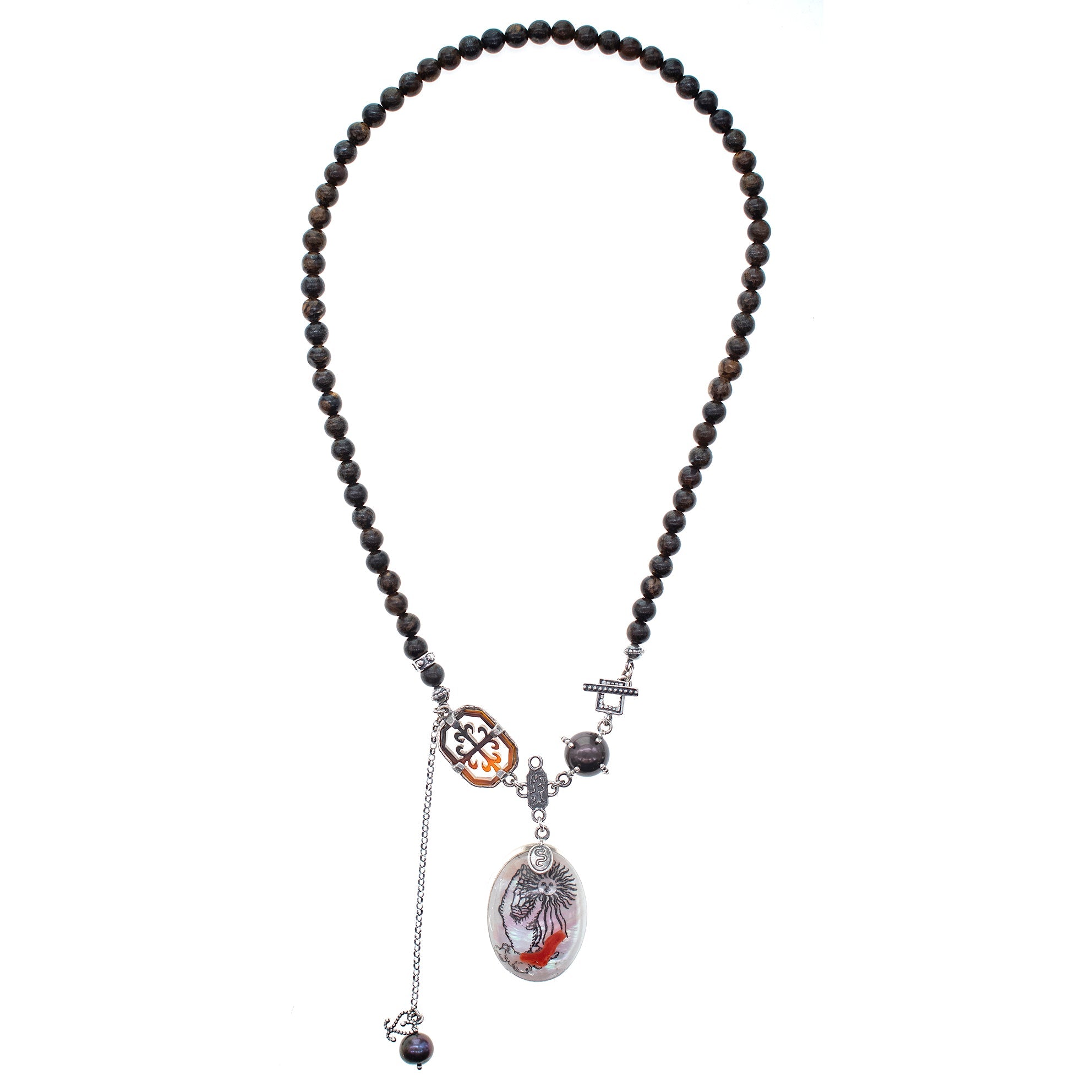 NK 26a04 Bronzite & Coral Resin Necklace