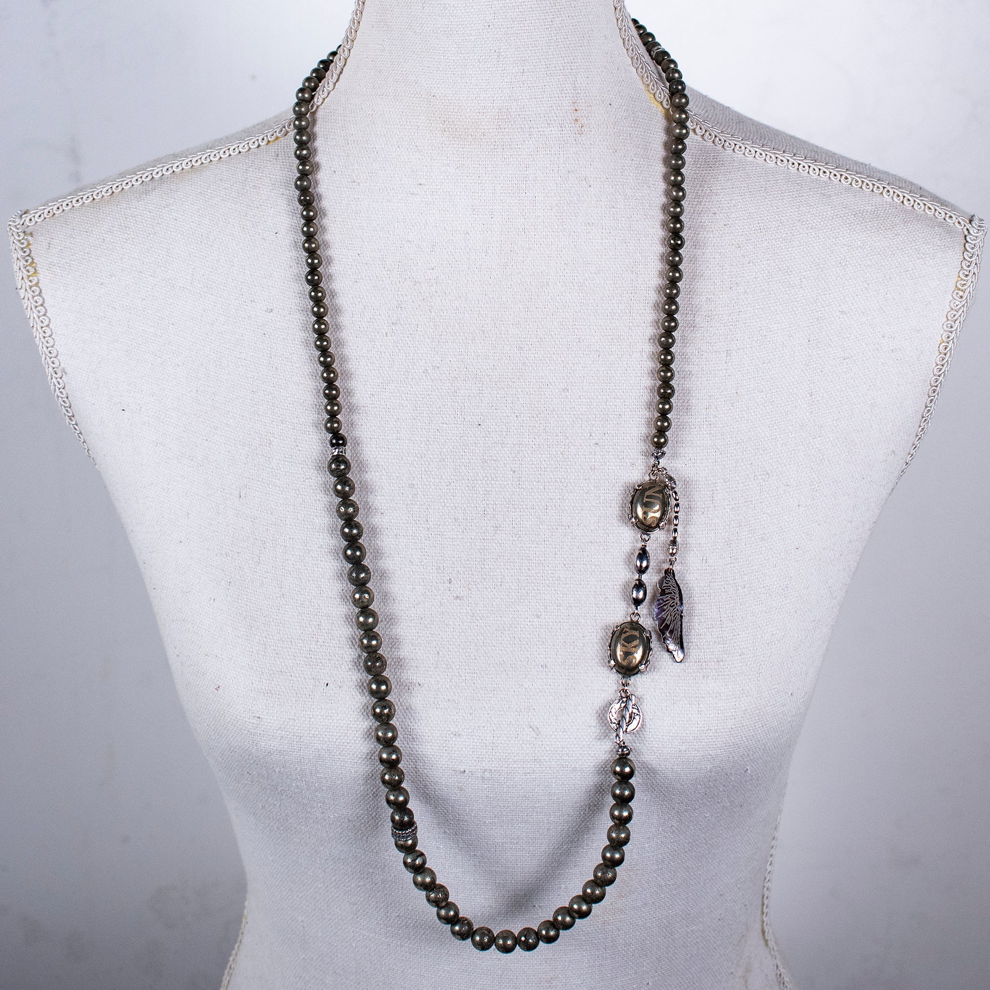 NK 26a07 Pyrite Beaded Long Necklace