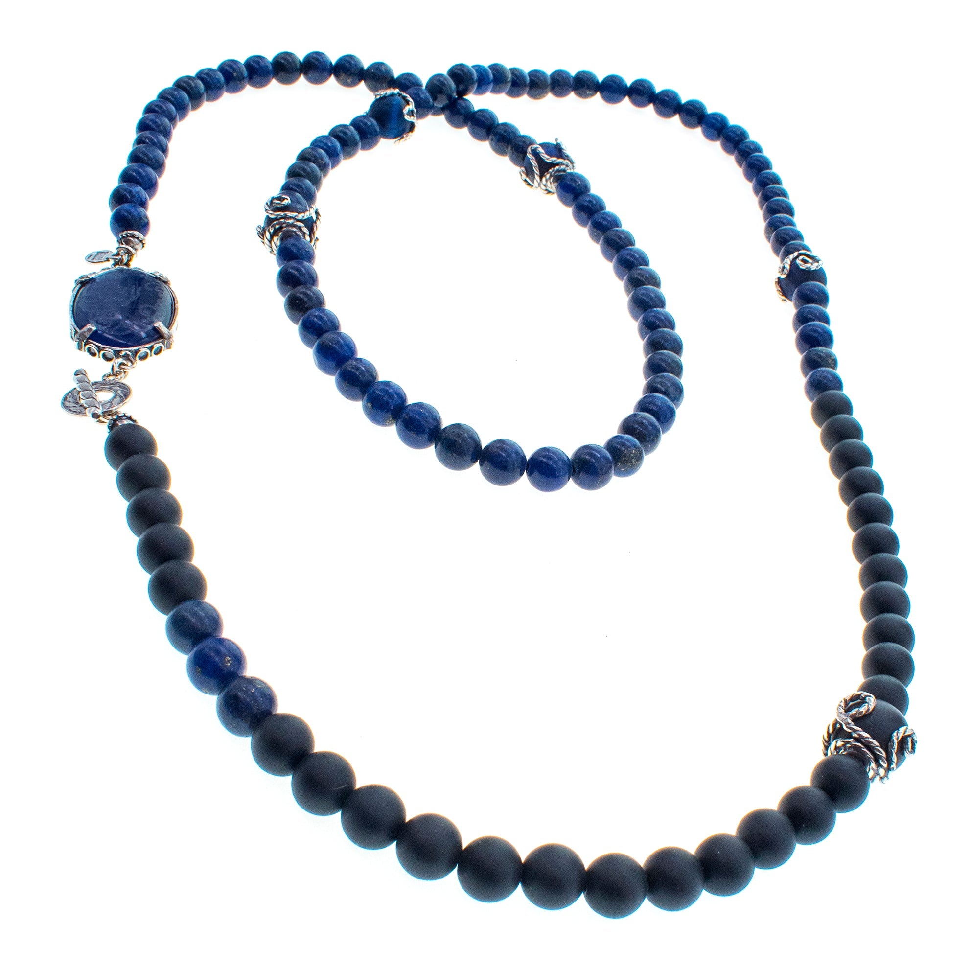 NK 26a08 Blue Lapis & Matte Black Onyx Long Necklace