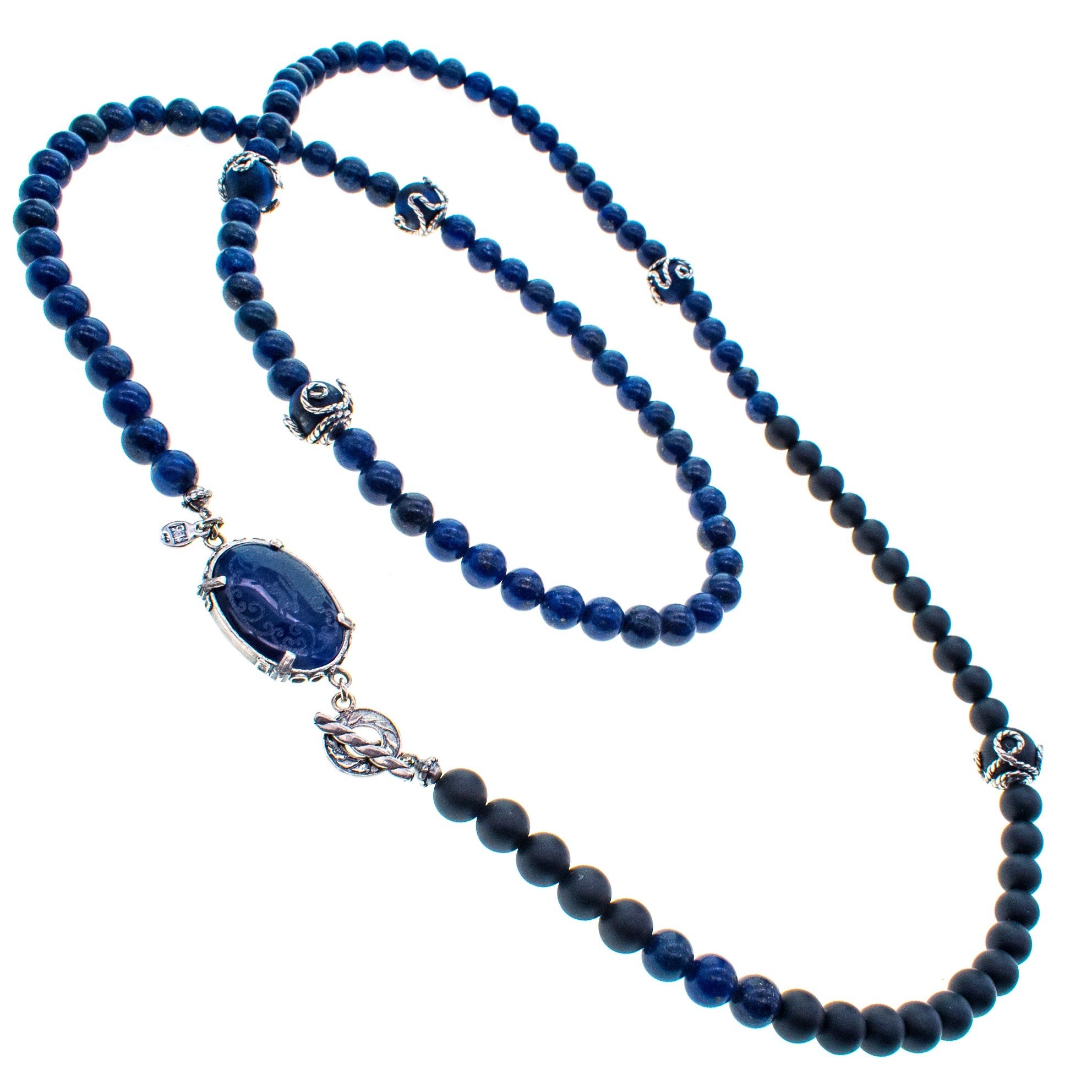 NK 26a08 Blue Lapis & Matte Black Onyx Long Necklace
