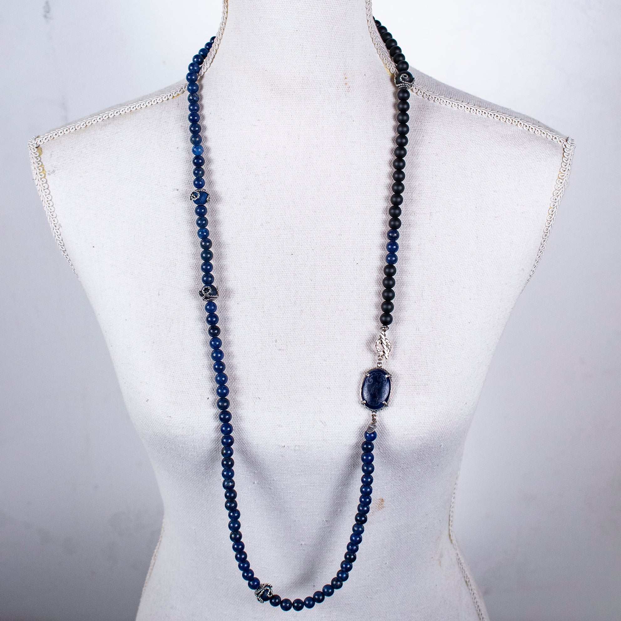 NK 26a08 Blue Lapis & Matte Black Onyx Long Necklace