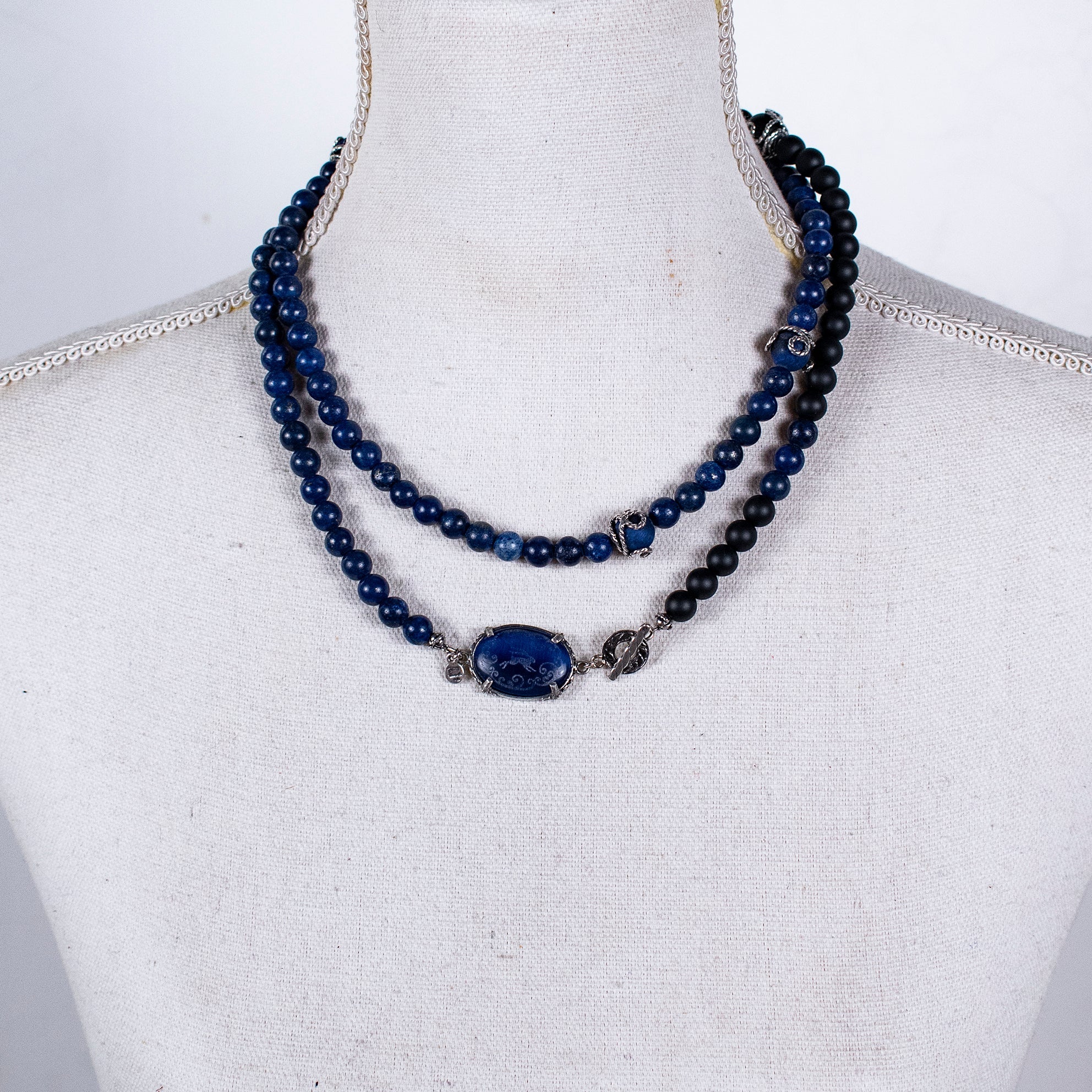 NK 26a08 Blue Lapis & Matte Black Onyx Long Necklace