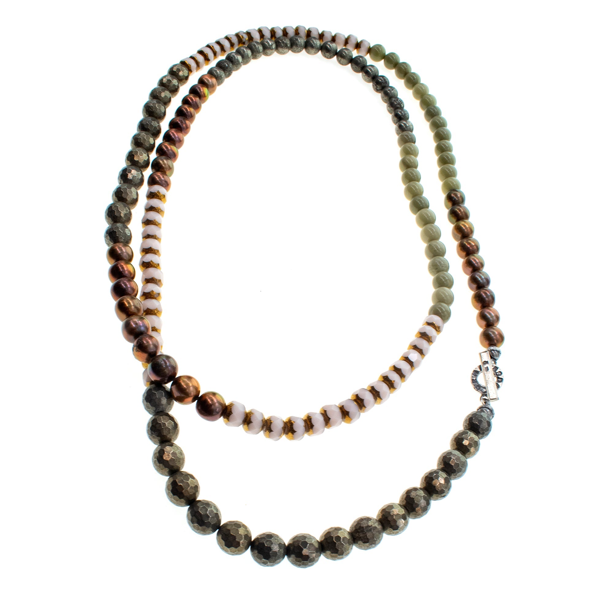 NK 26a09 Matcha Agate & Pyrite Extra Long Necklace