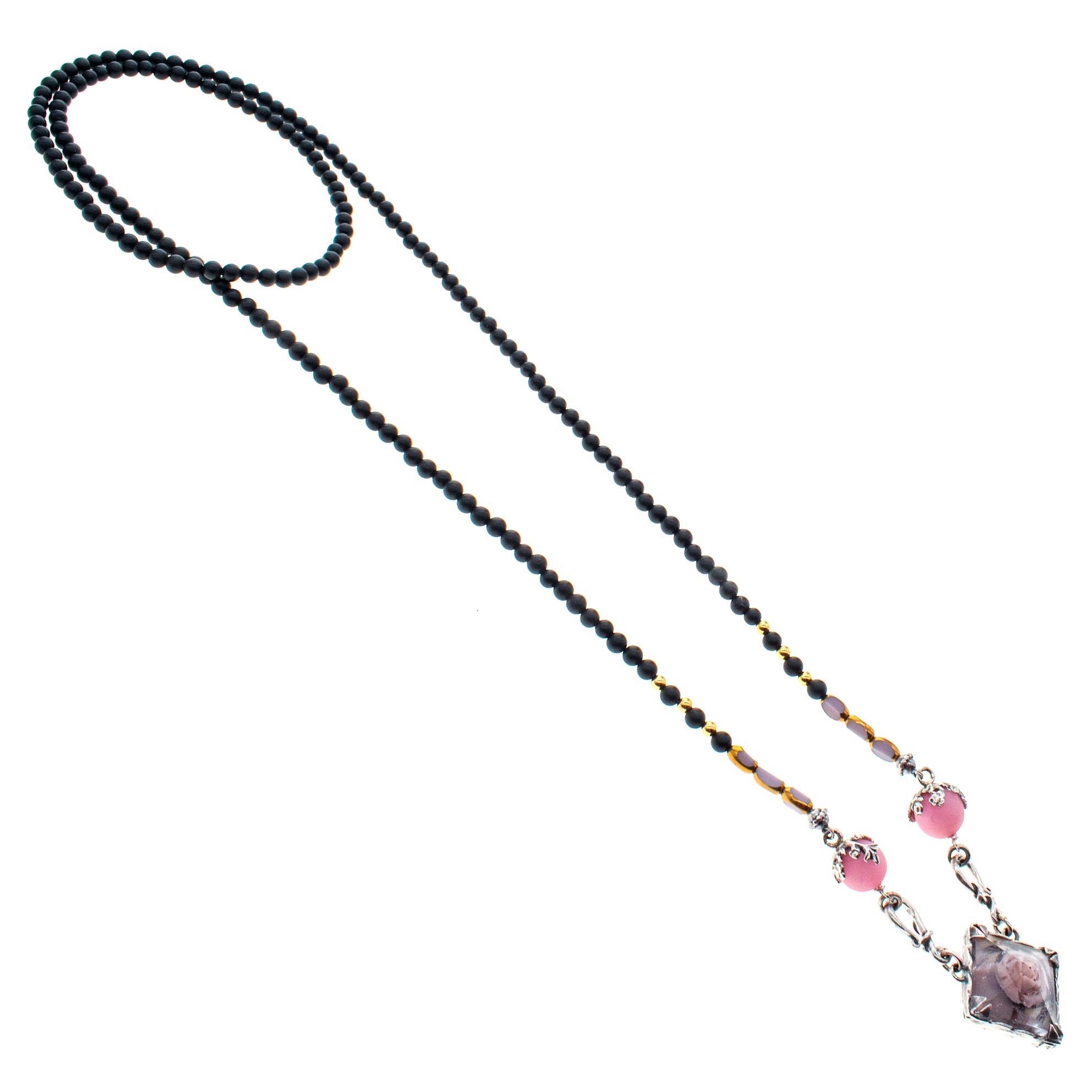 NK 26a11 Black Matte Onyx And Rose Resin Necklace