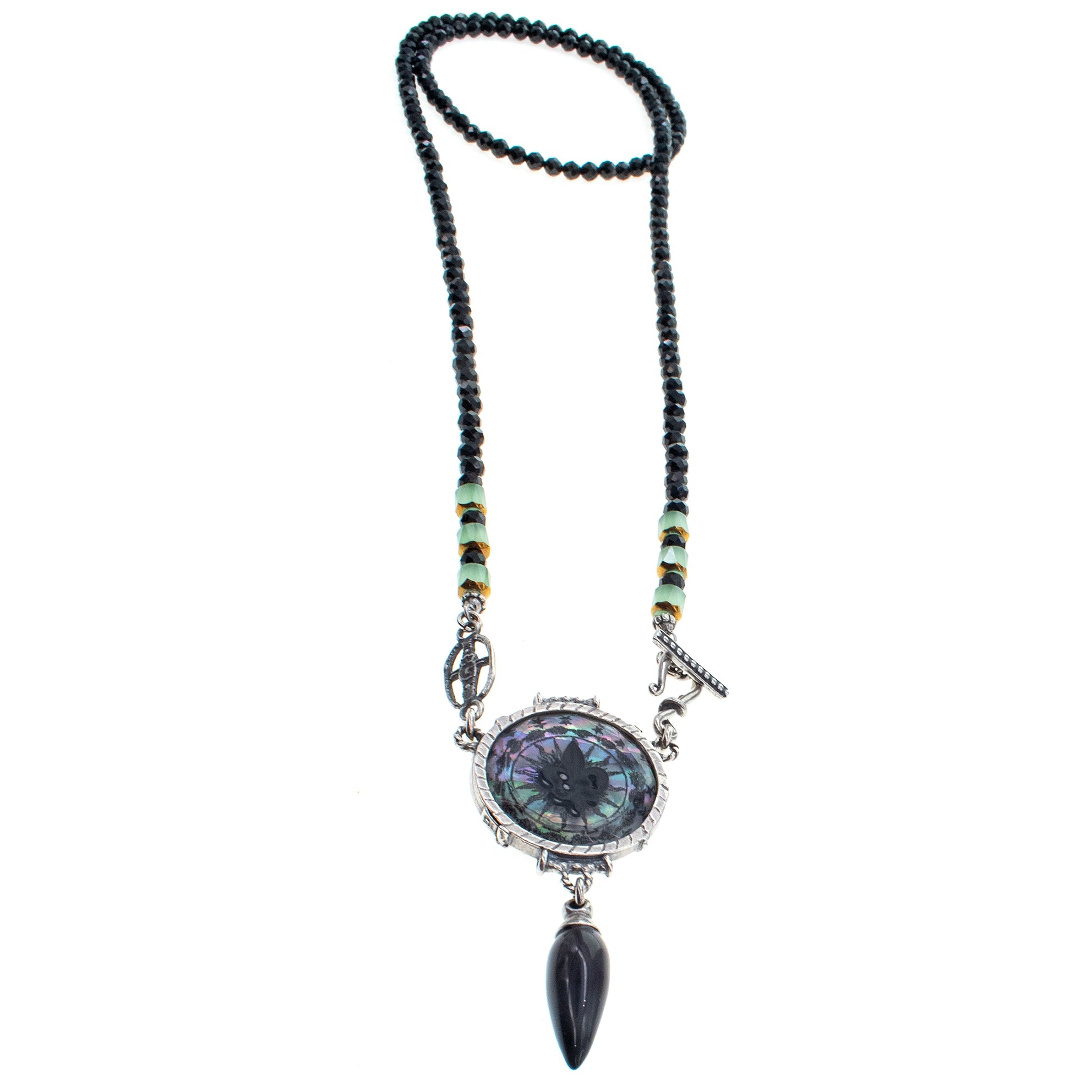 NK 26a12 Fleur-de-Lis Resin And Black Spinel Long Necklace