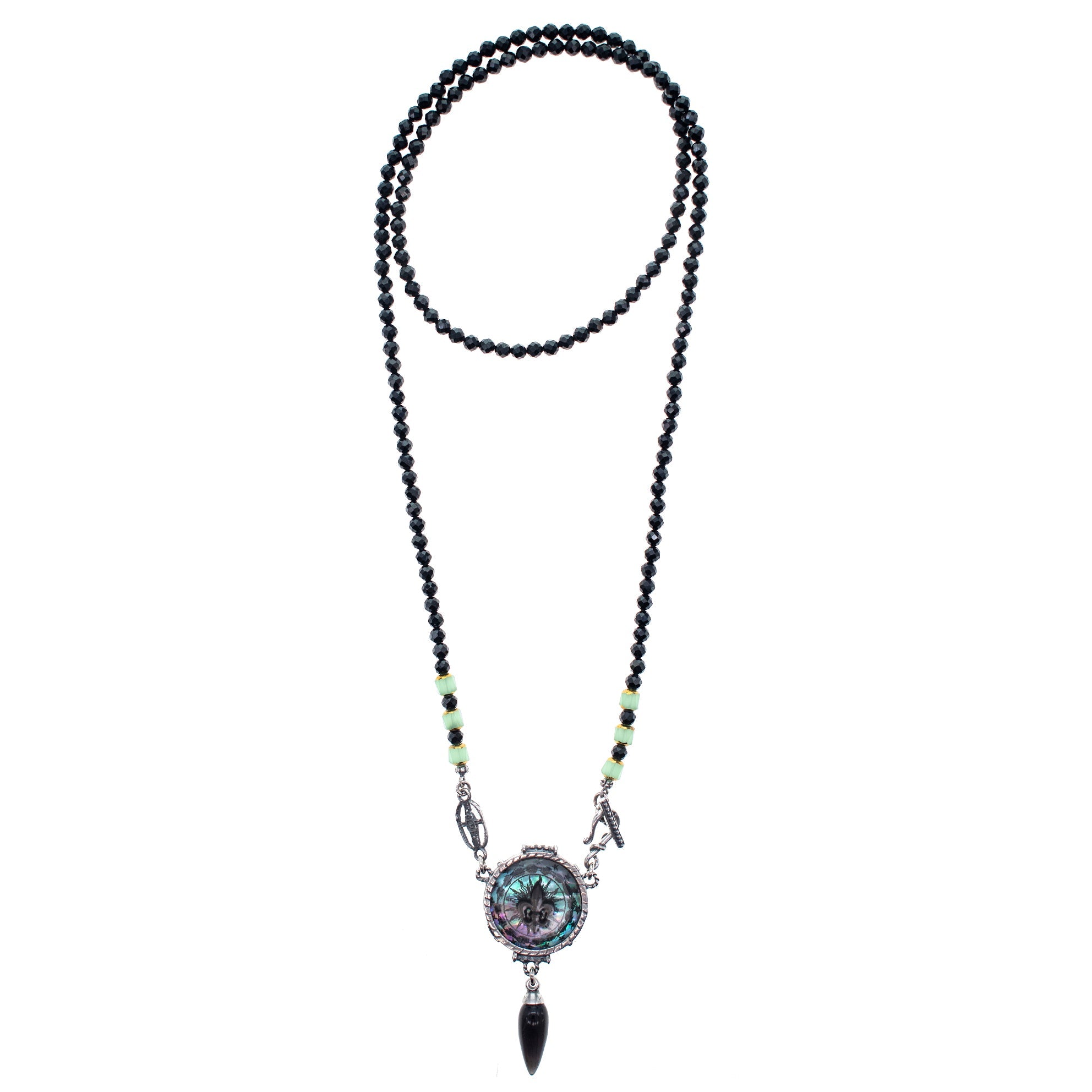 NK 26a12 Fleur-de-Lis Resin And Black Spinel Long Necklace