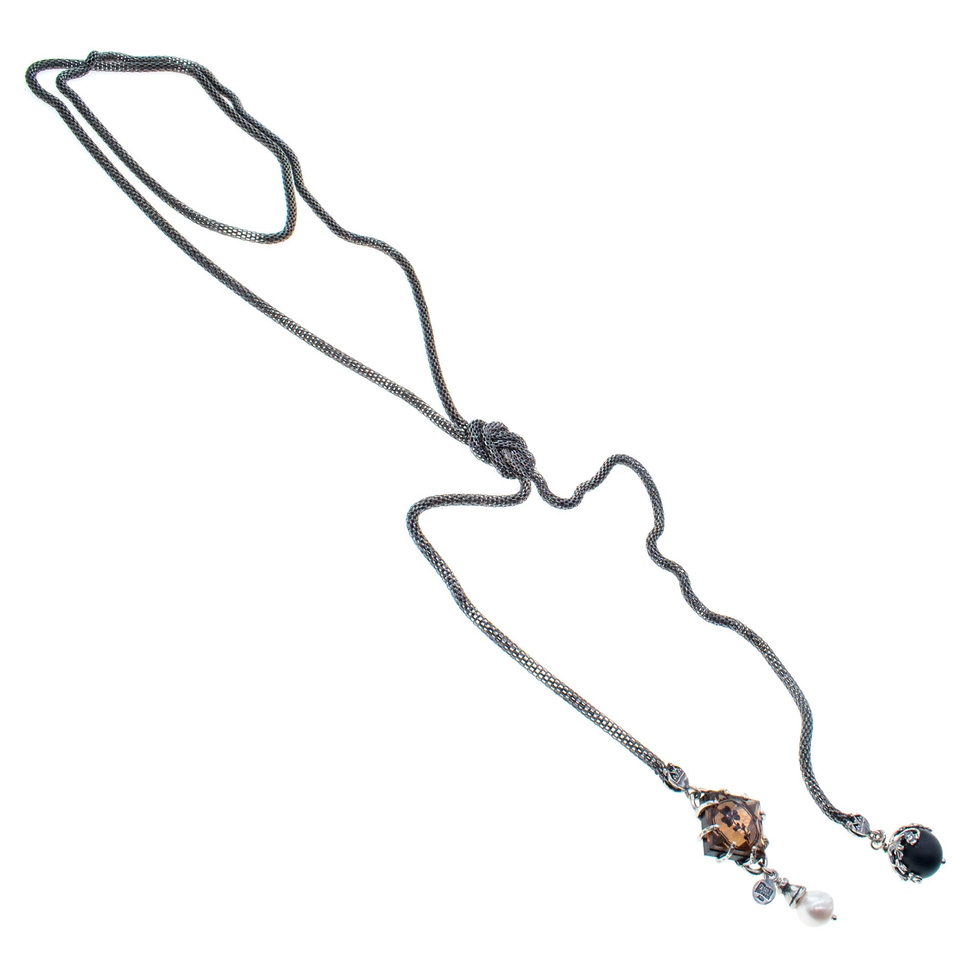 NK 26a14 Glass Intaglio Mesh Chain Lariat Necklace