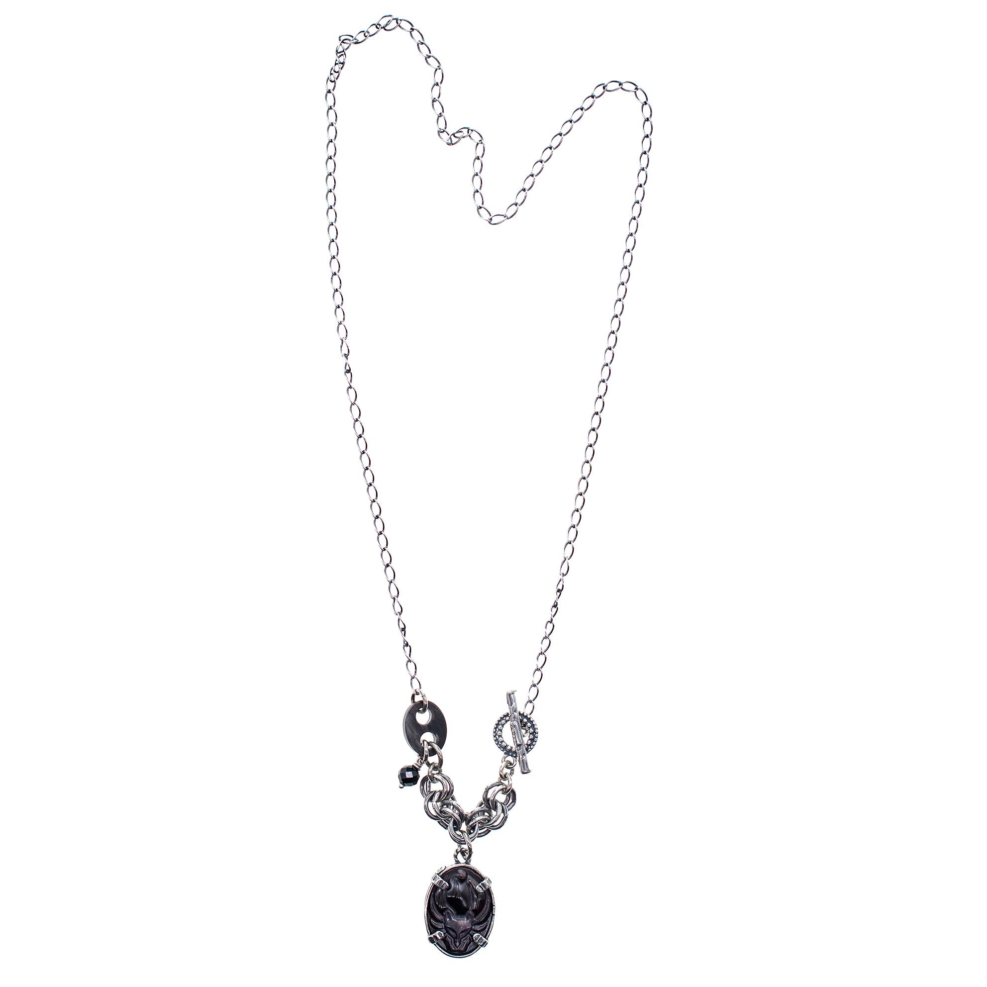 NK 26a17 Black Mother of Pearl "Fox" Cameo Pendant Necklace