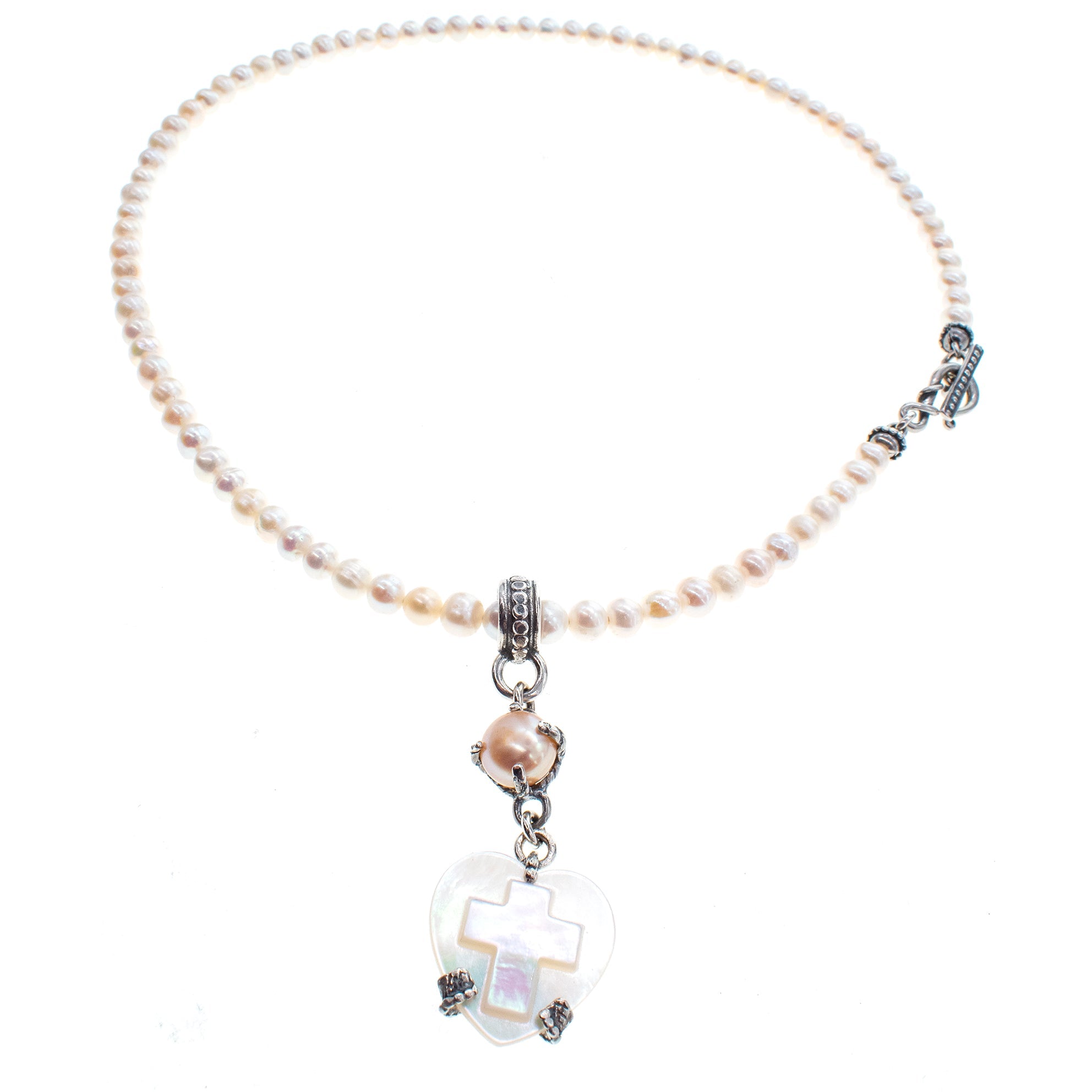 NK 26a18A White Mother of Pearl Heart & Pearl Necklace