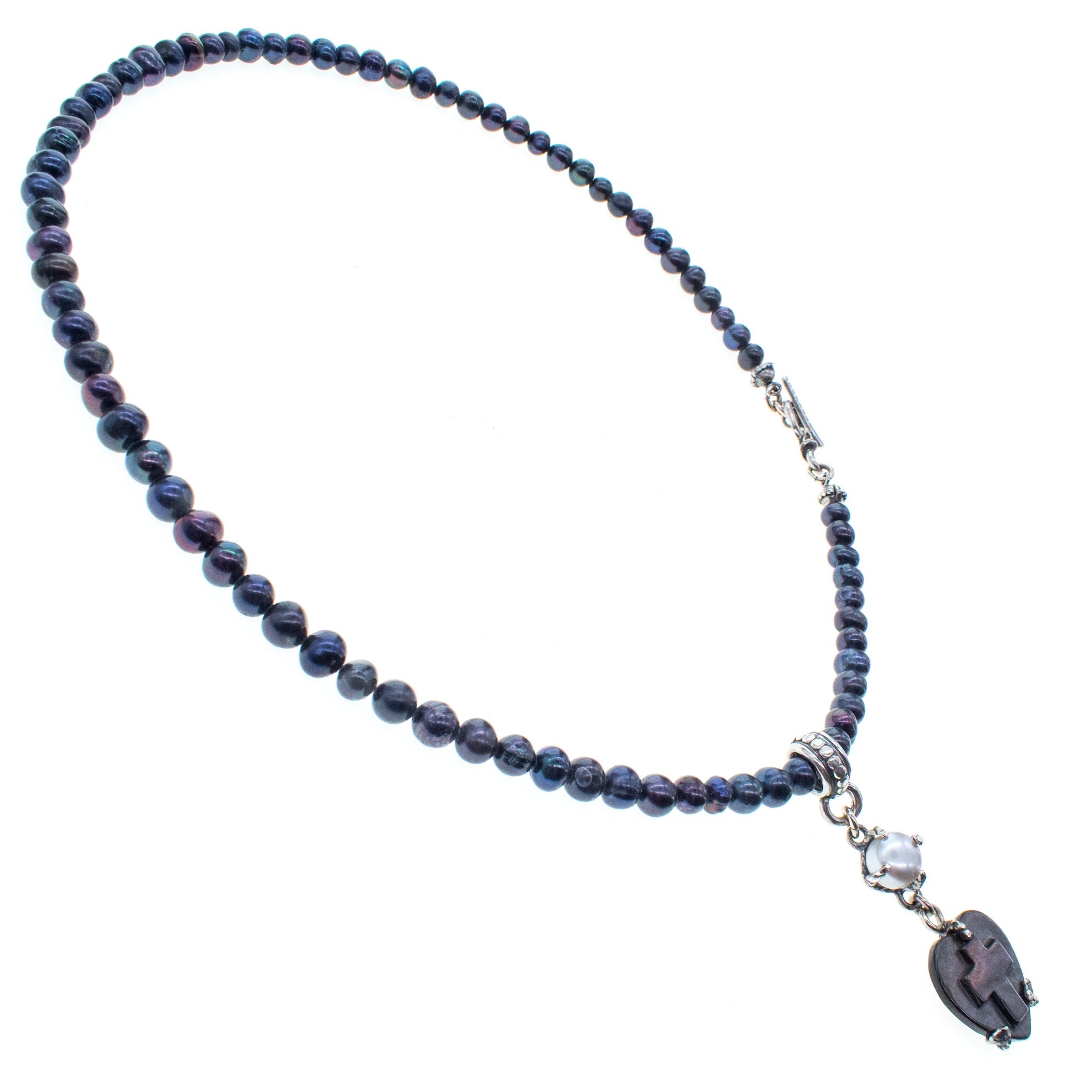 NK 26a18 Black Mother of Pearl Heart & Pearl Necklace