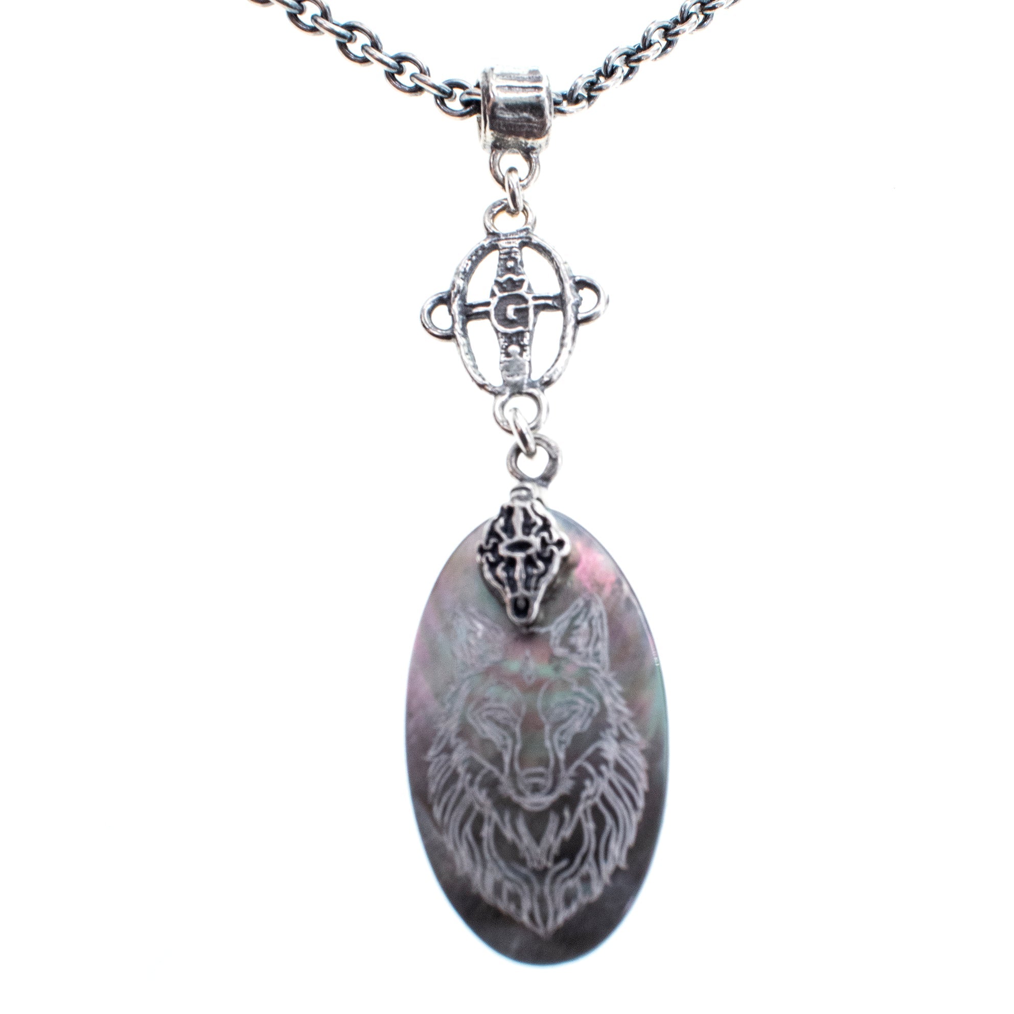 NK 26a20 Engraved Mother of Pearl "Wolf" Necklace