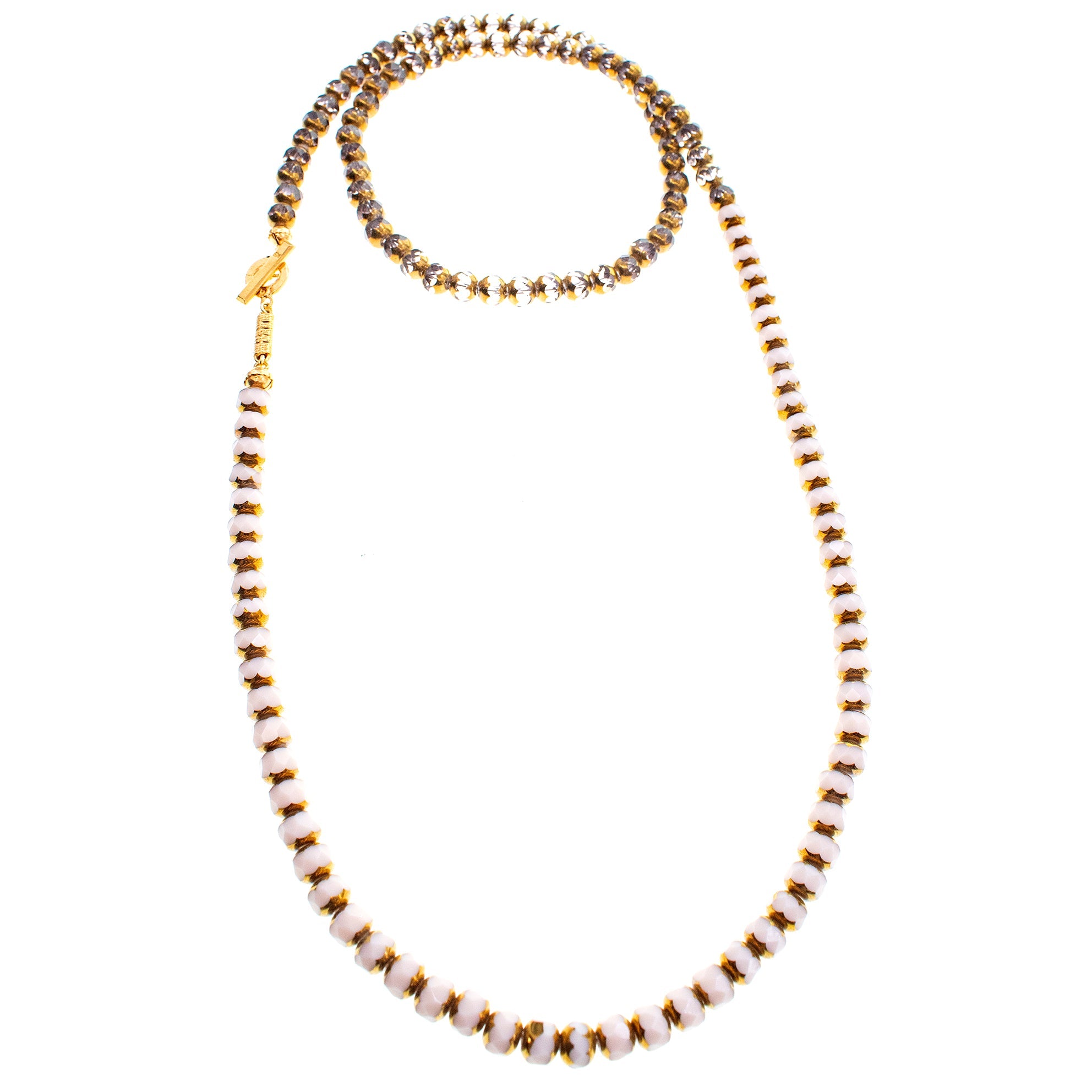 NK 26g05 white and gold Vintage Glass Bead Necklace