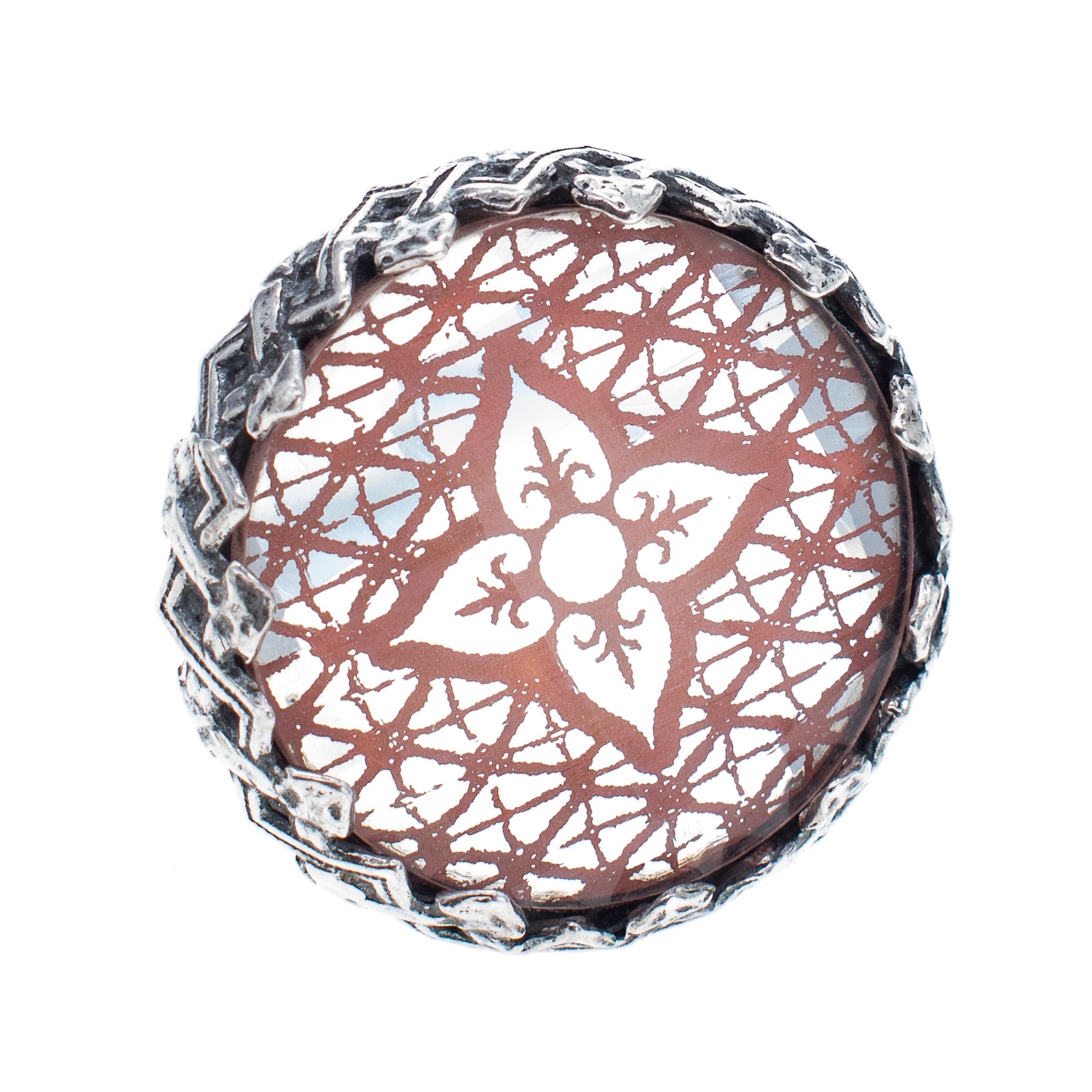 R 25e14A Pink Engraved Mirrored Glass Stone Ring