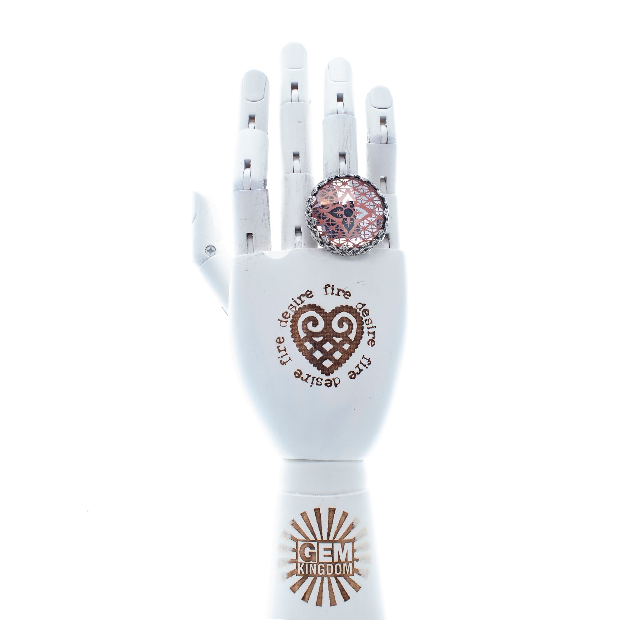 R 25e14A Pink Engraved Mirrored Glass Stone Ring
