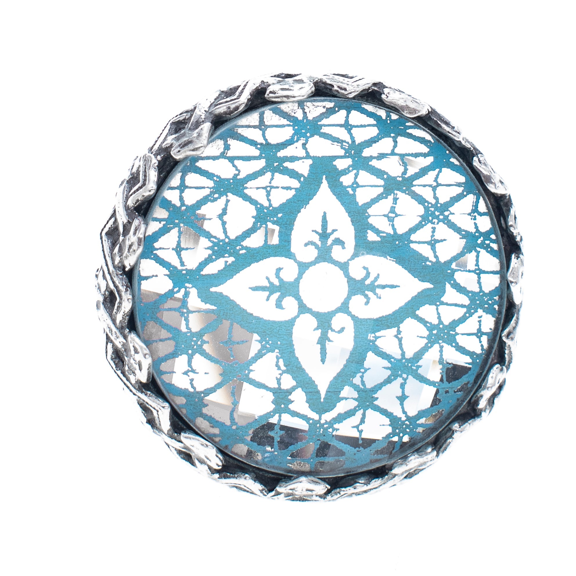 R 25e14B Blue Engraved Mirrored Glass Stone Ring