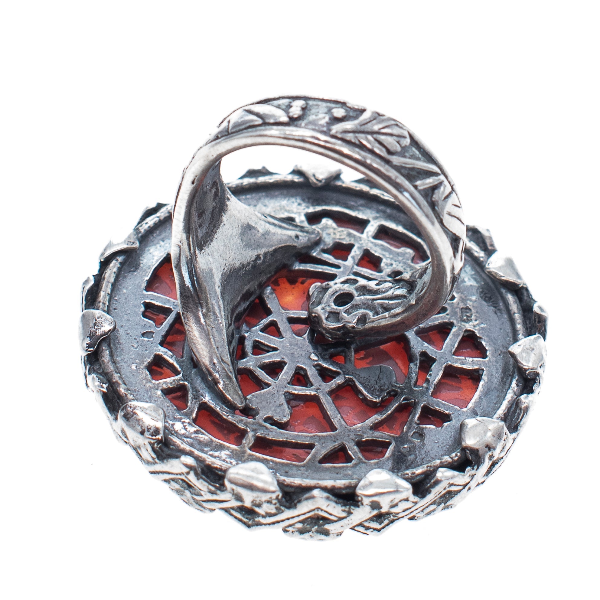 R 25e14A Pink Engraved Mirrored Glass Stone Ring