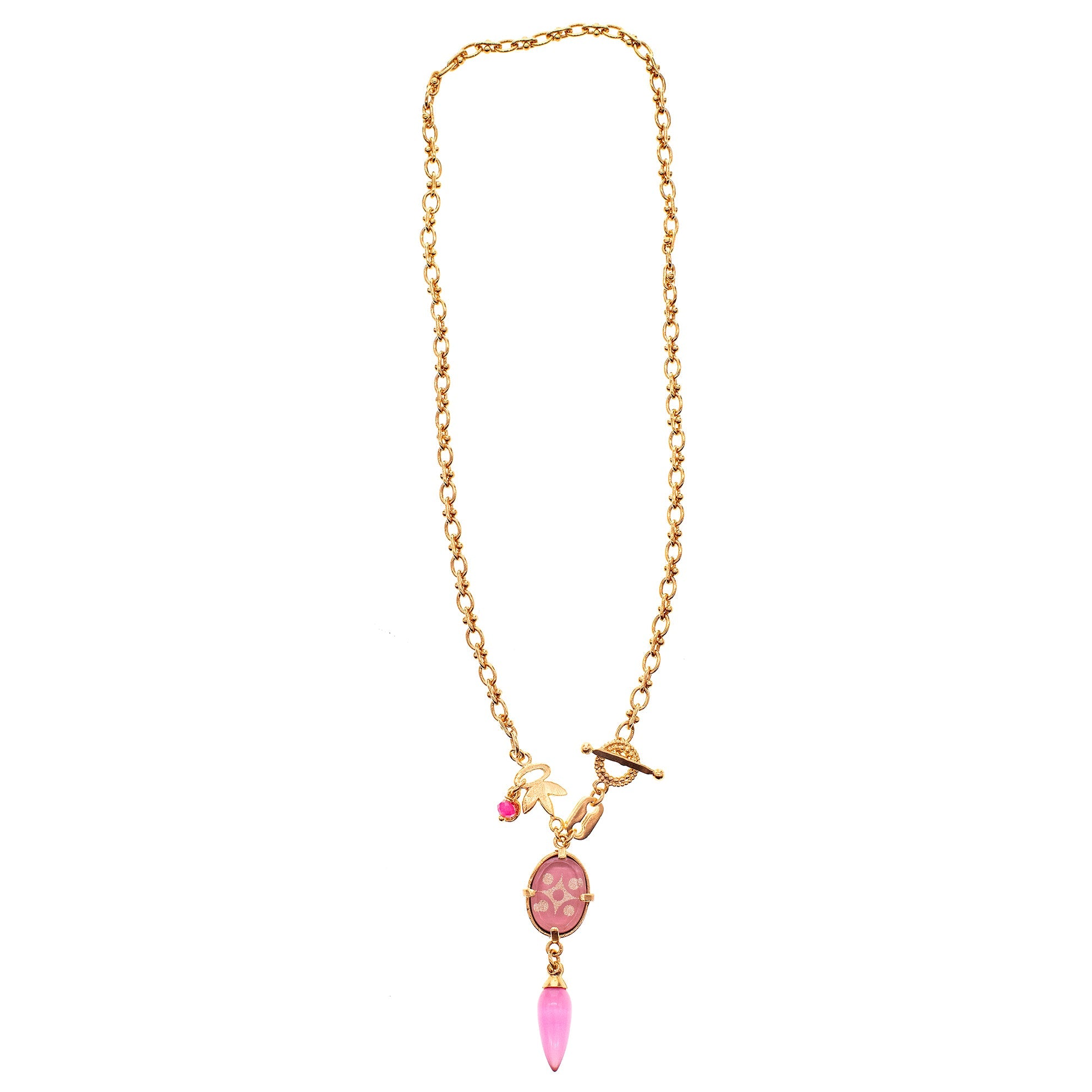 NK 25g30C pink Intaglio Pendant Textured Link Necklace