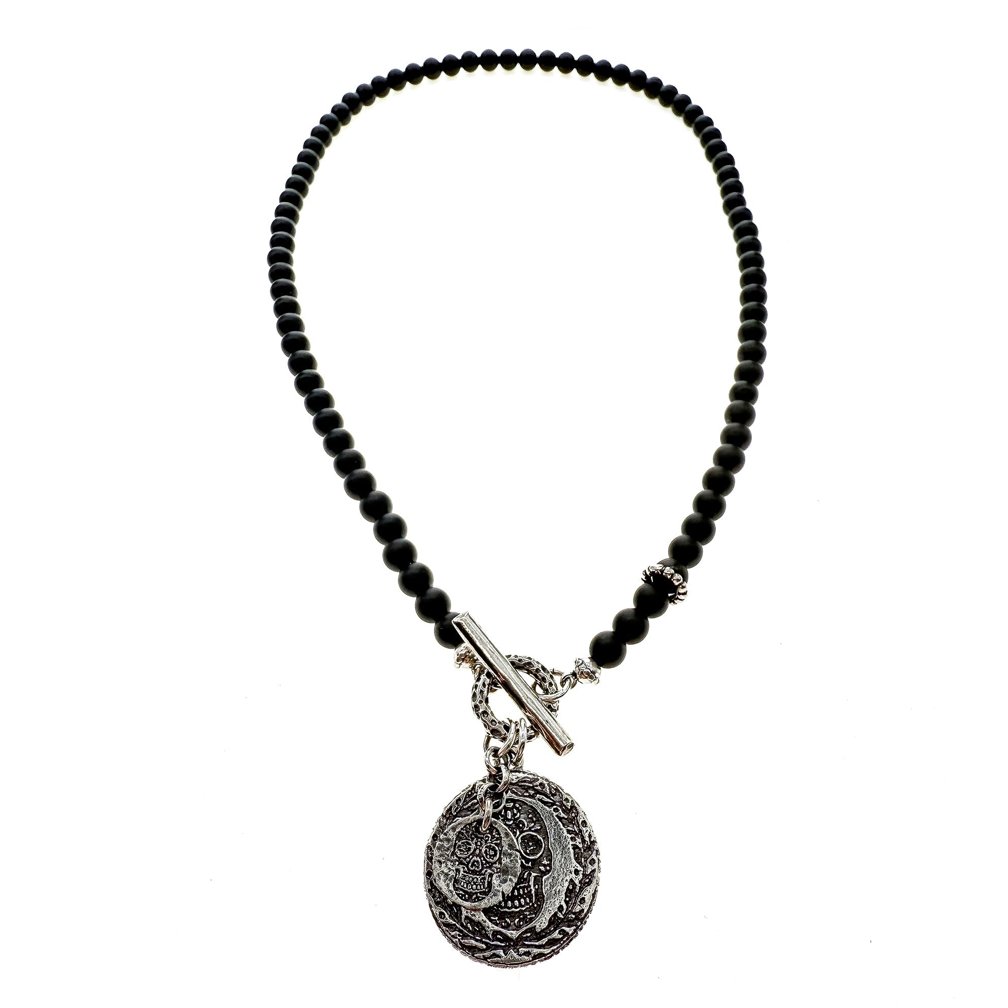 NK 25c02 Black Onyx Sugar Skull Coin Necklace