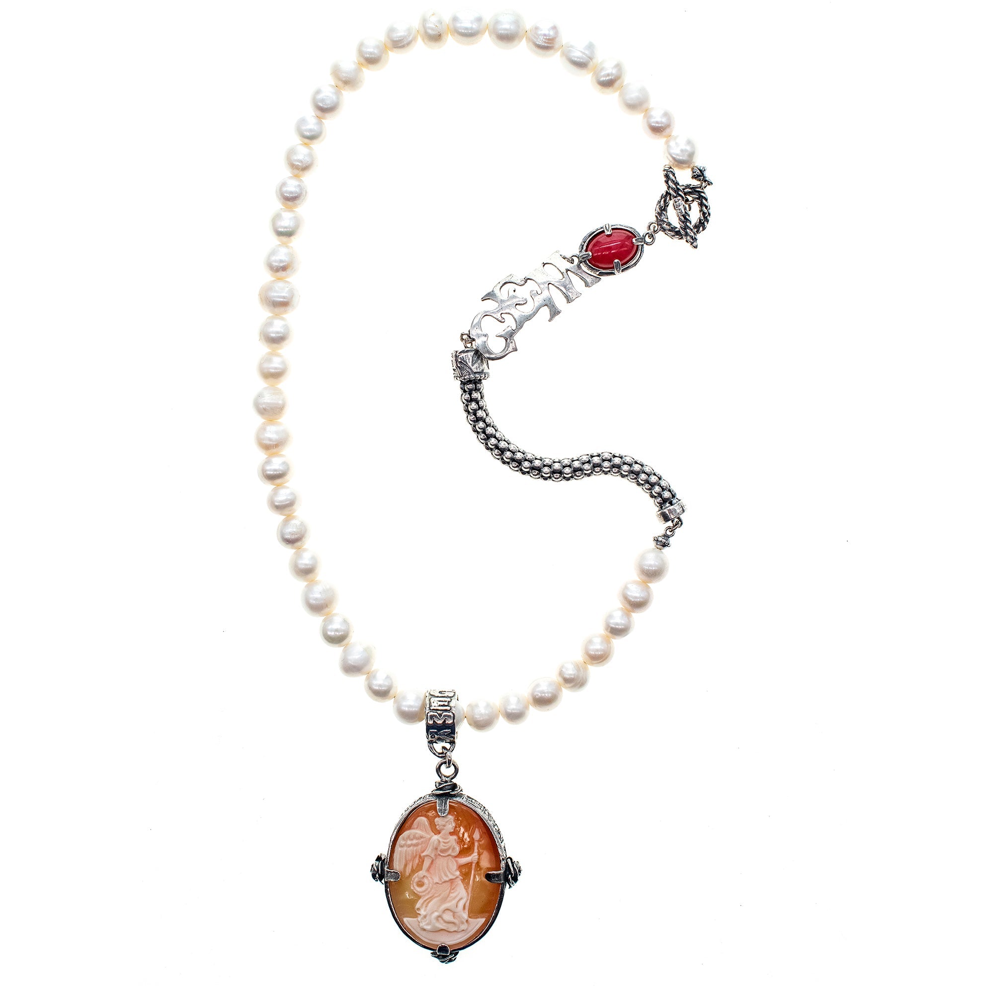 NK 24d01A white pearl cameo necklace