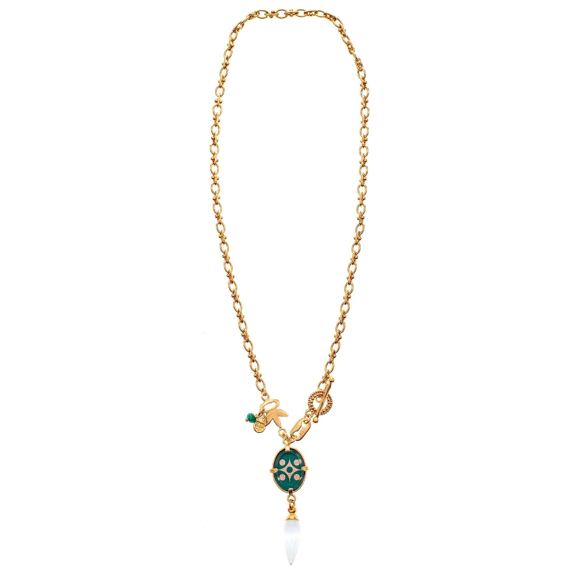 NK 25g30D green Intaglio Pendant Textured Link Necklace