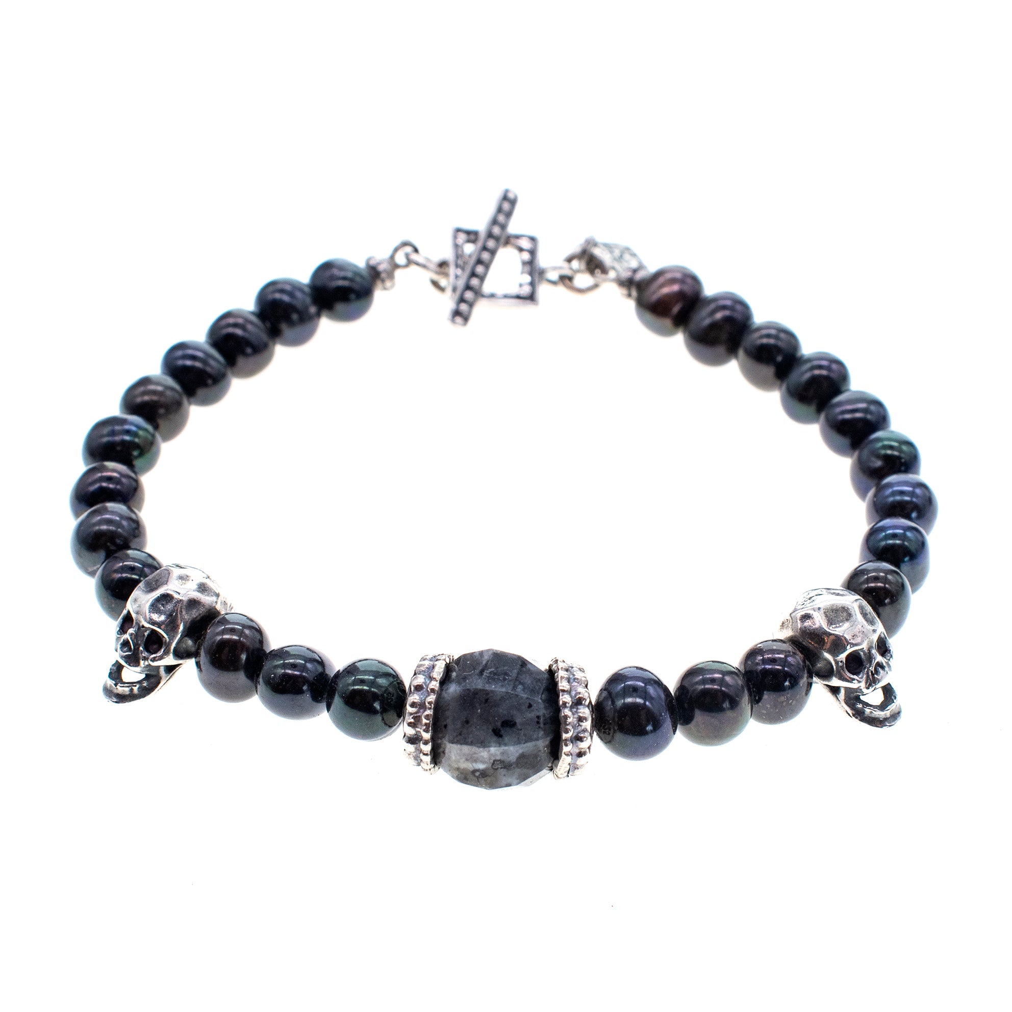 B 25f03 Skull & Black Beaded Bracelet