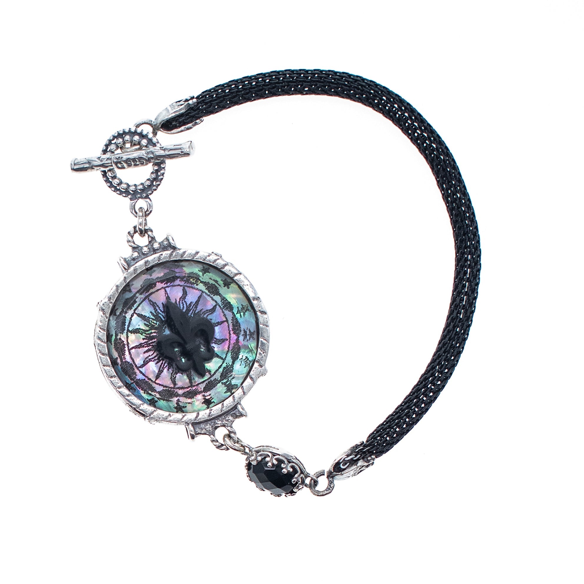 B 26a05 Fleur-de-Lis Resin Black Mesh Bracelet