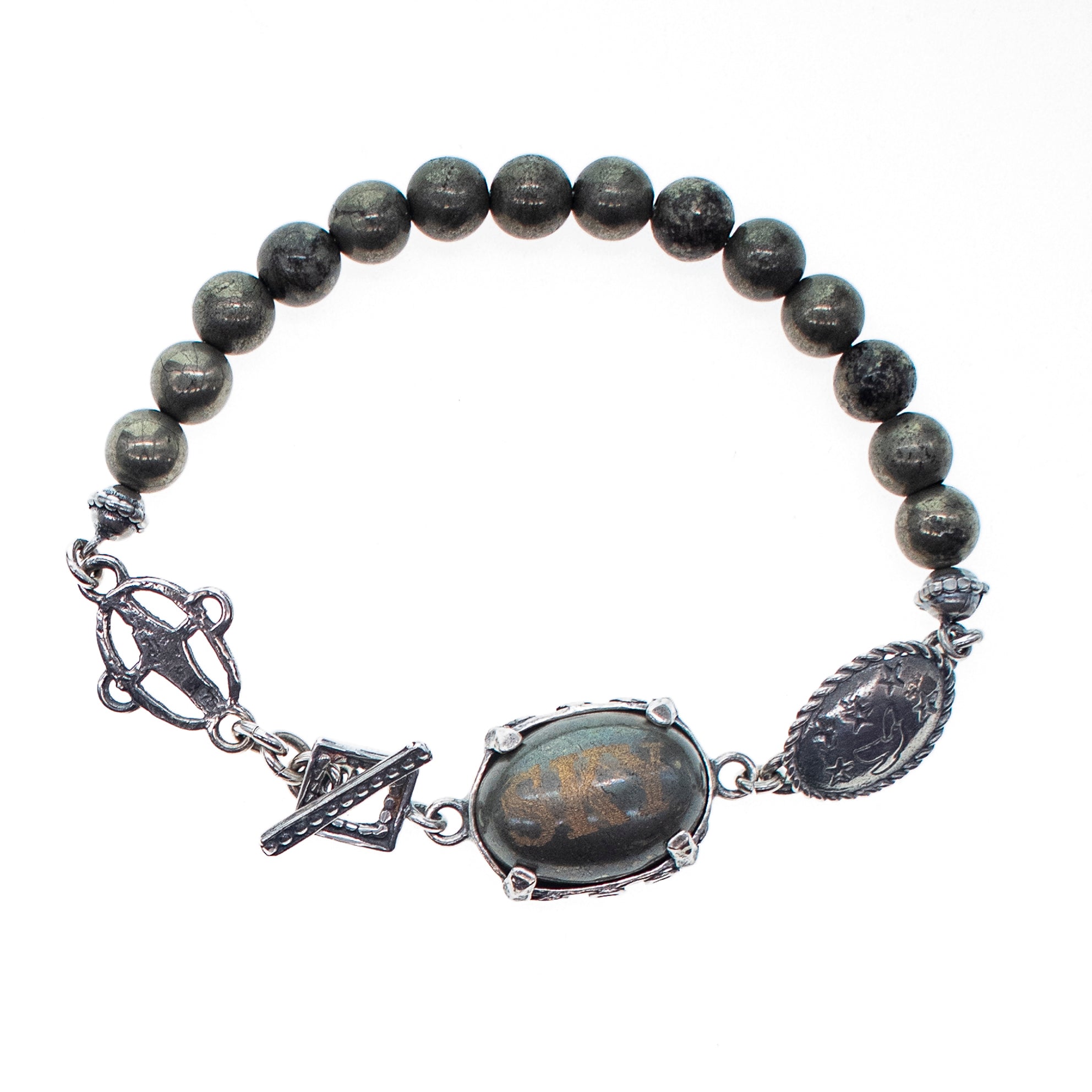 B 26a07 Engraved Pyrite "Sky" Beaded Bracelet