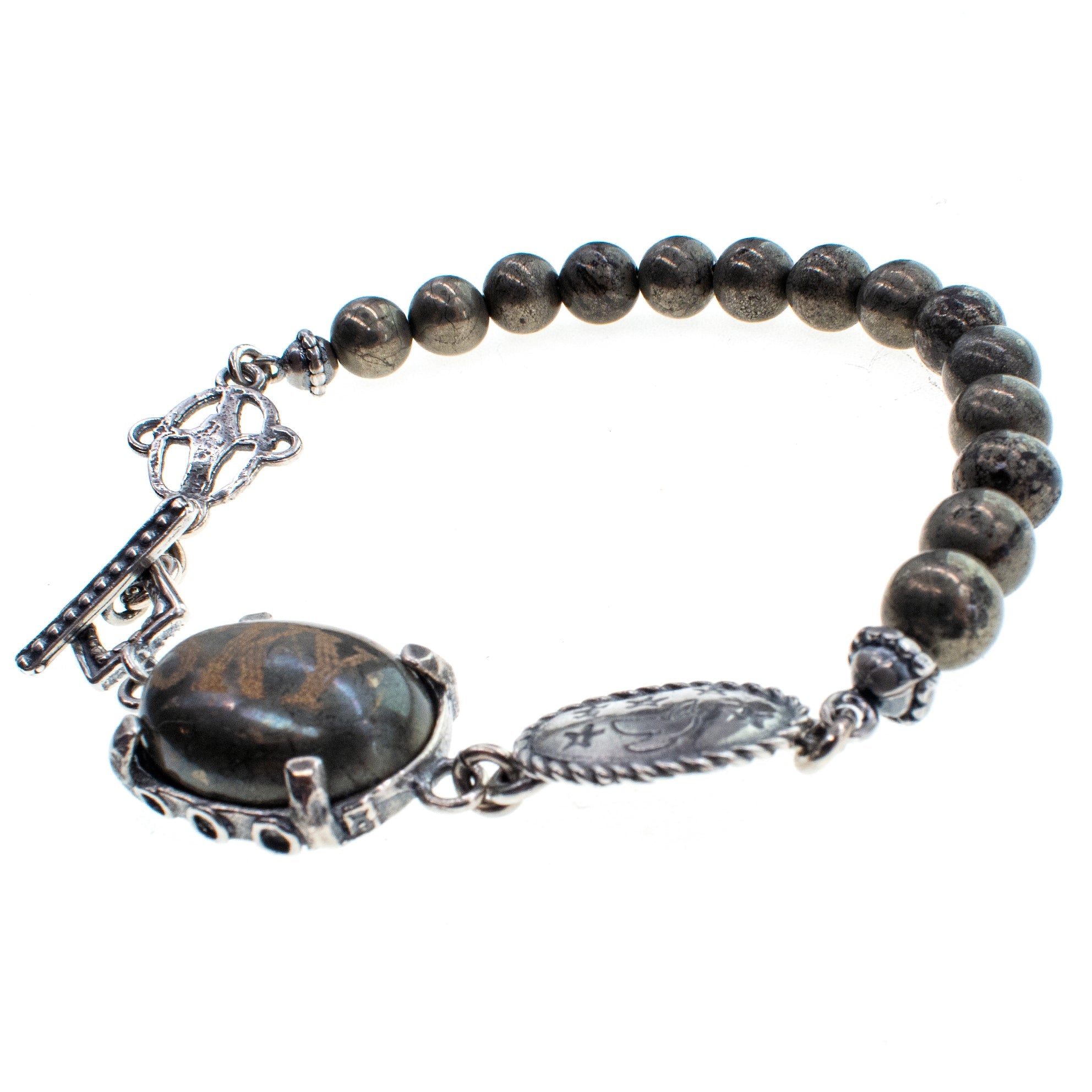 B 26a07 Engraved Pyrite "Sky" Beaded Bracelet