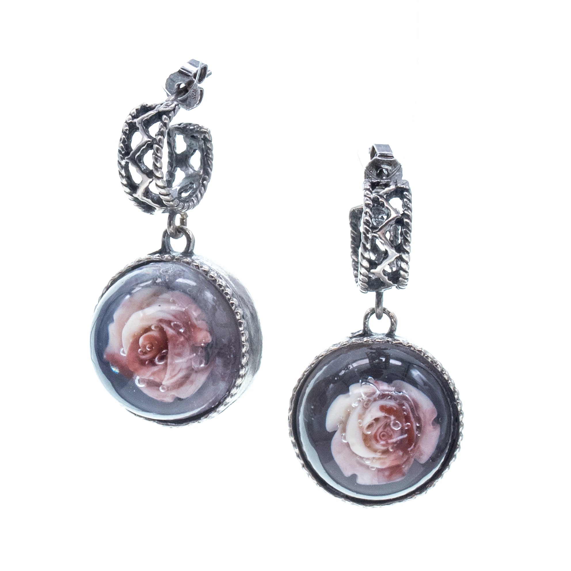 E 26a01 Rose in Resin Drop Earrings