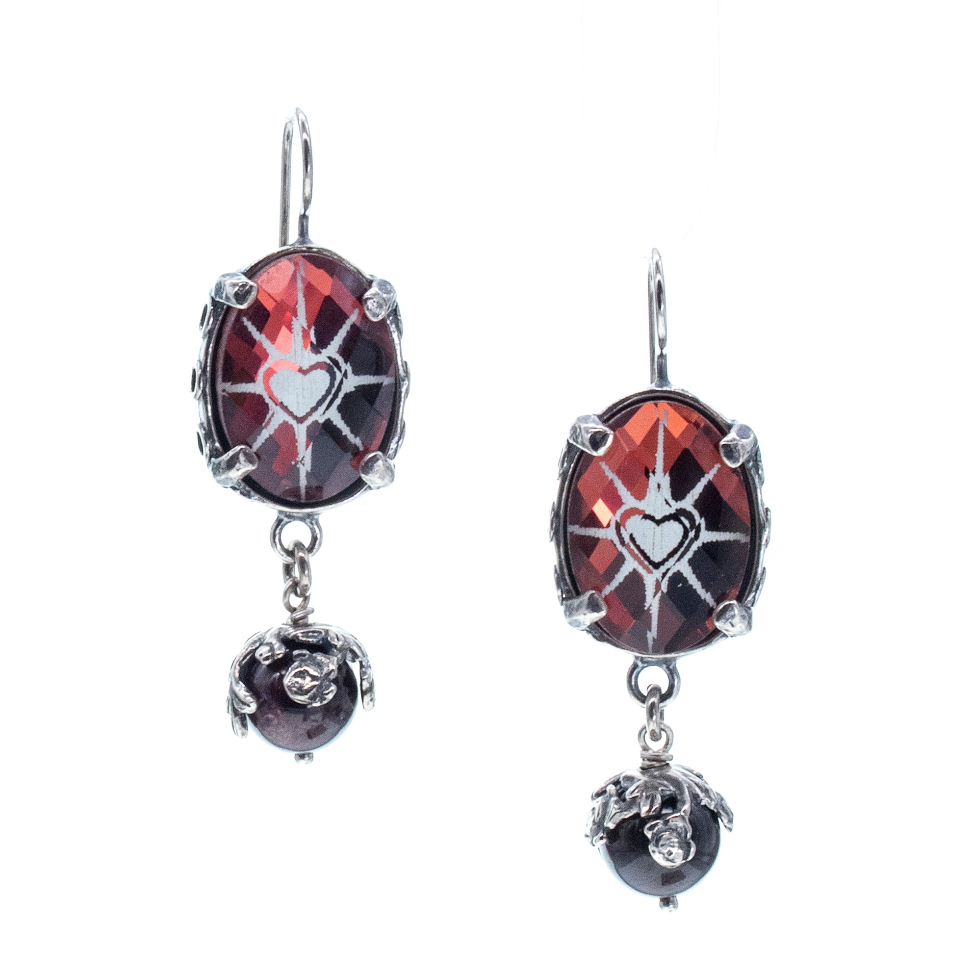 E 26a06 Heart Intaglio & Garnet Drop Earrings