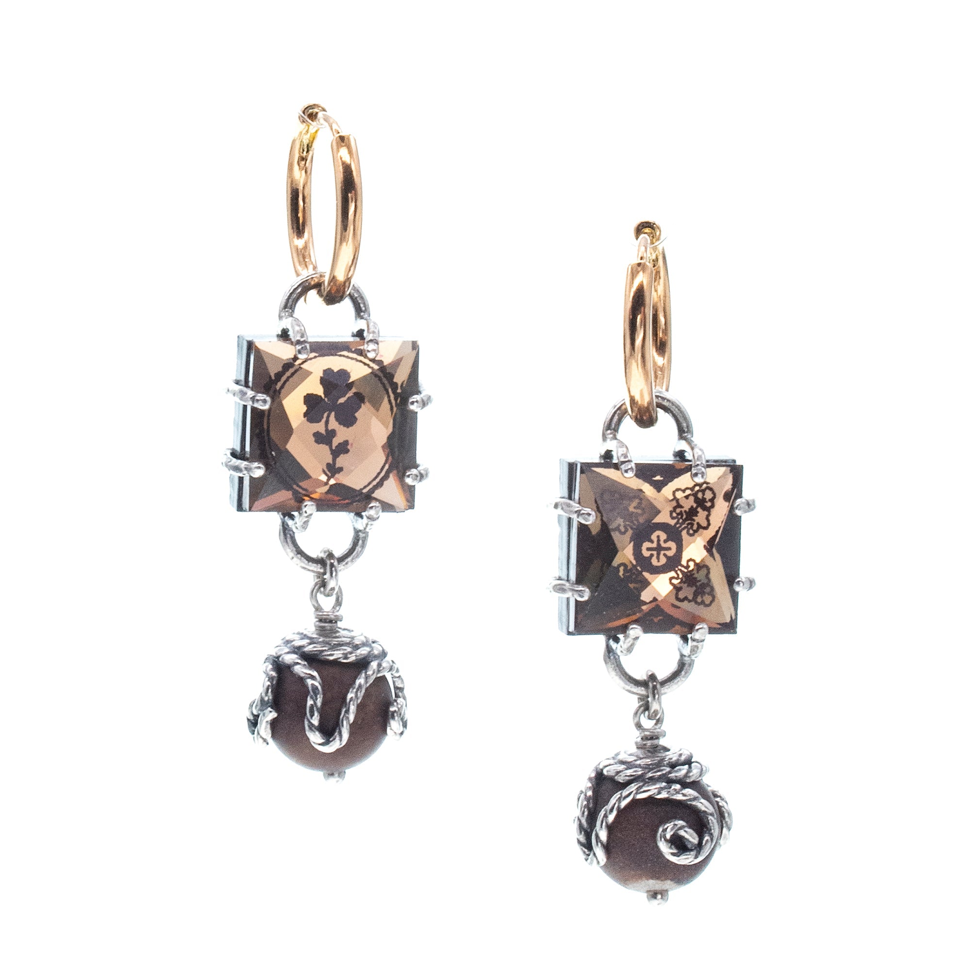 E 26a11 Intaglio Brown Crystal & Mashan Jade Hoop Earrings