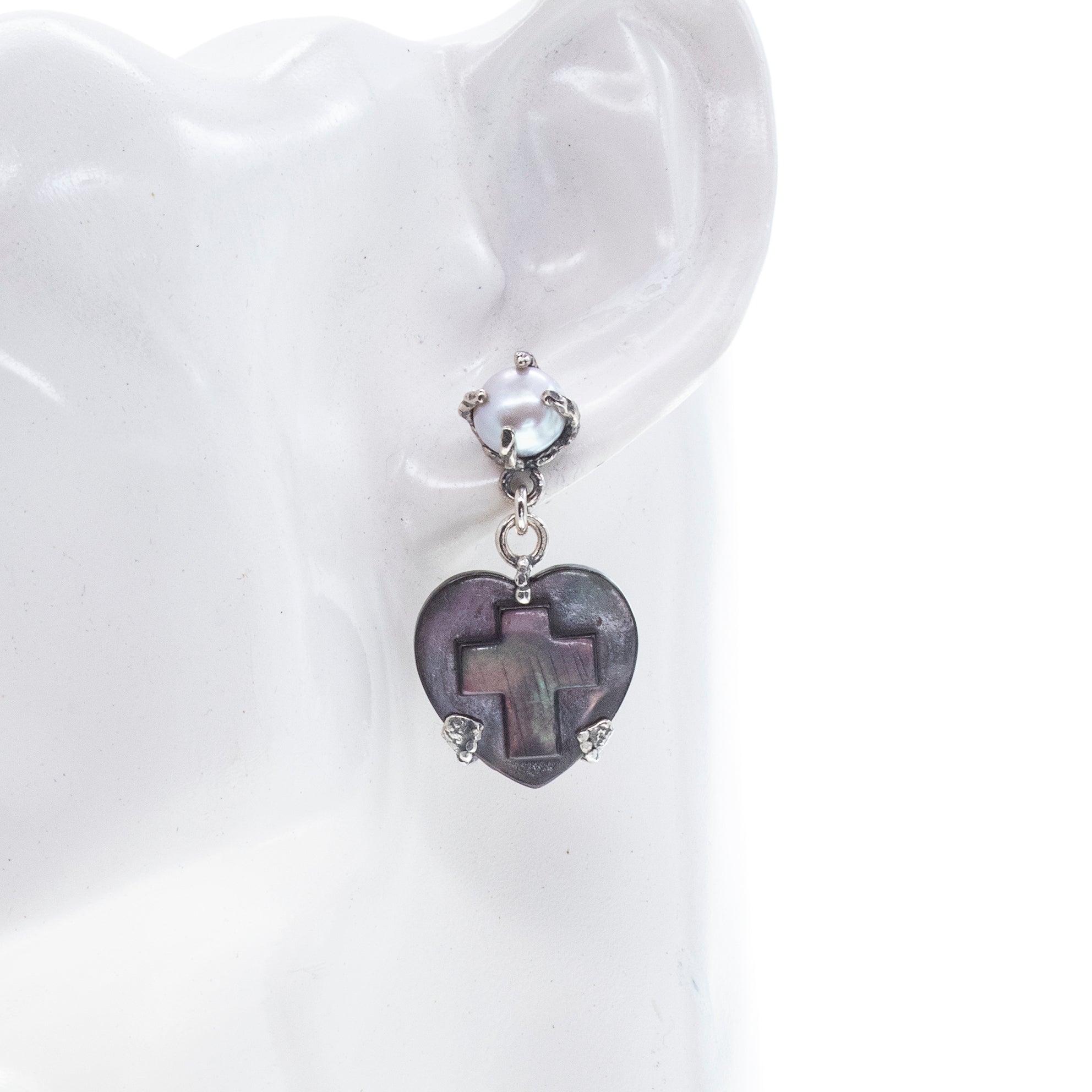 E 26a16B Black Heart & Cross Mother of Pearl Drop Earrings