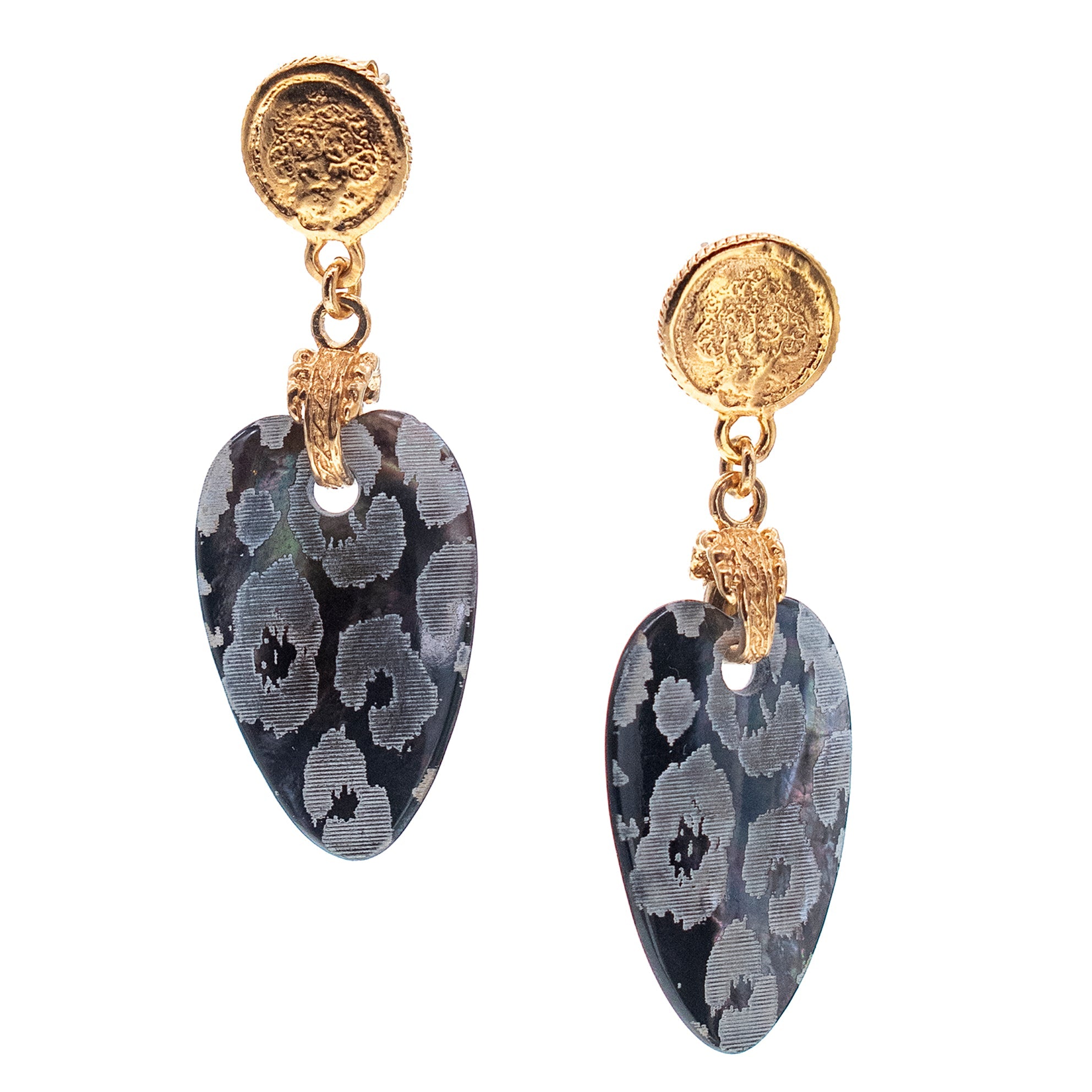 E 26g04 Leopard Black Mother of Pearl Earrings