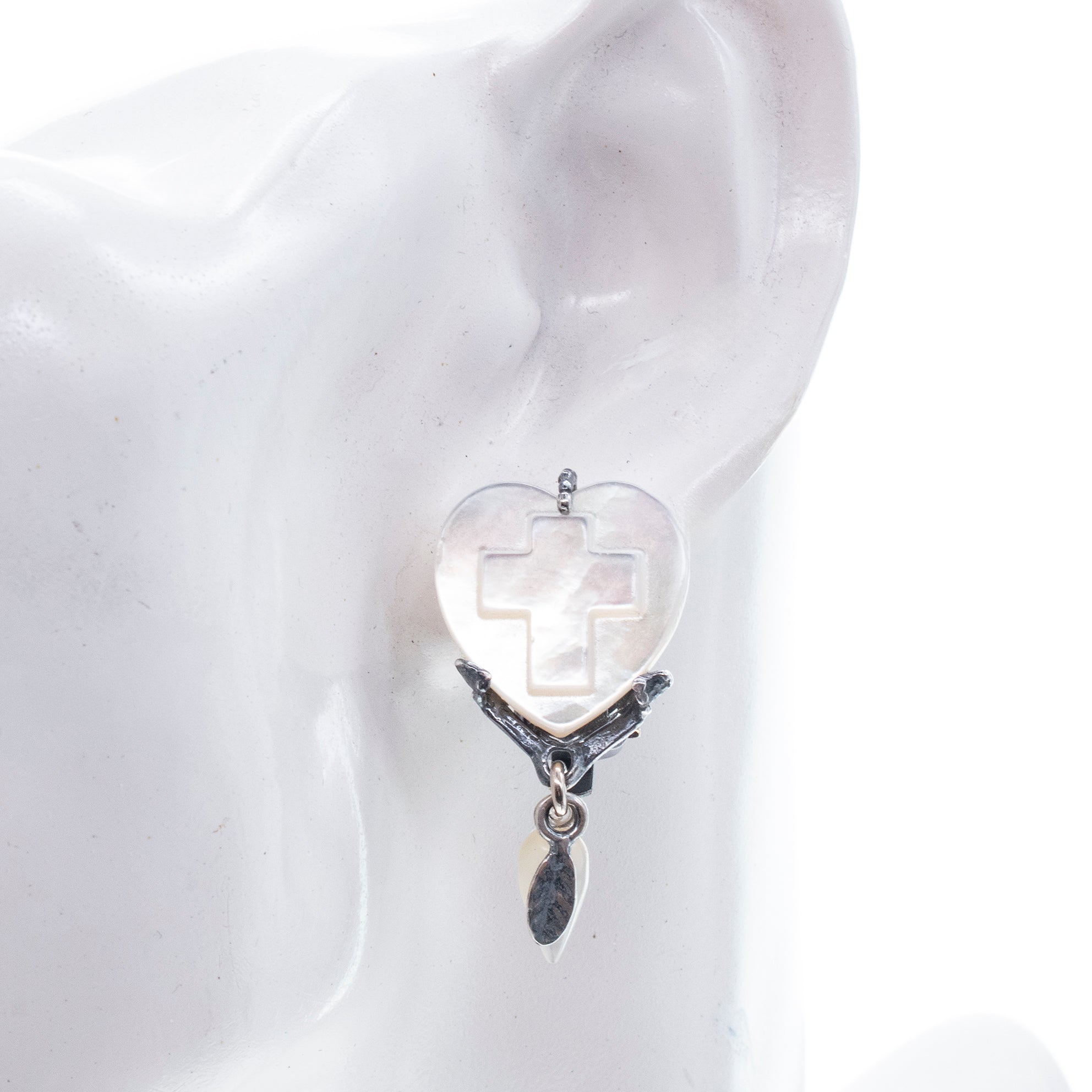 EC 26a32A White Mother of Pearl Heart & Cross  Ear Clips