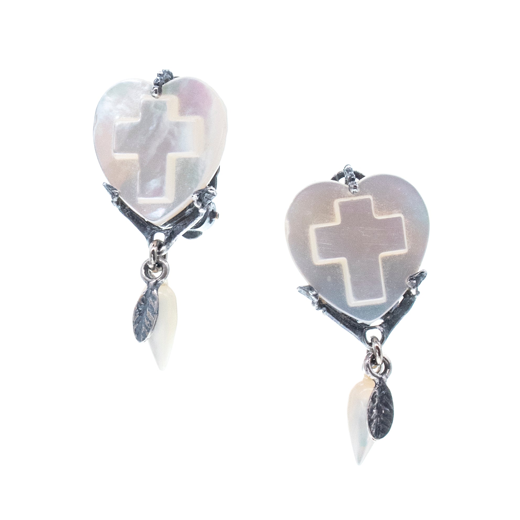 EC 26a32A White Mother of Pearl Heart & Cross  Ear Clips