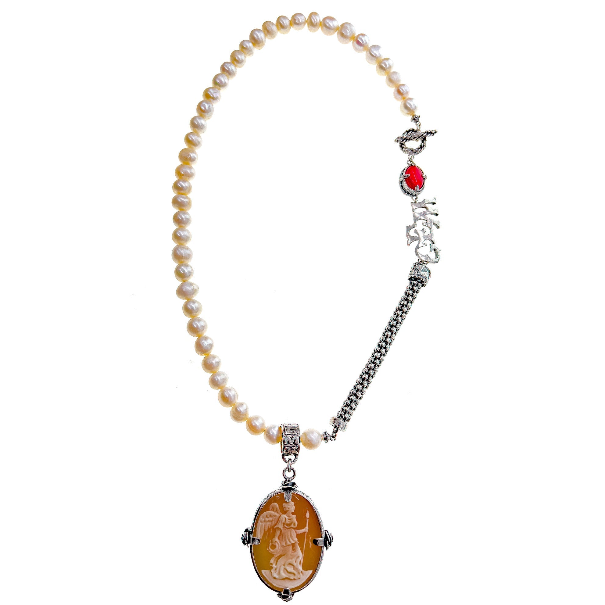 NK 24d01A white pearl cameo necklace
