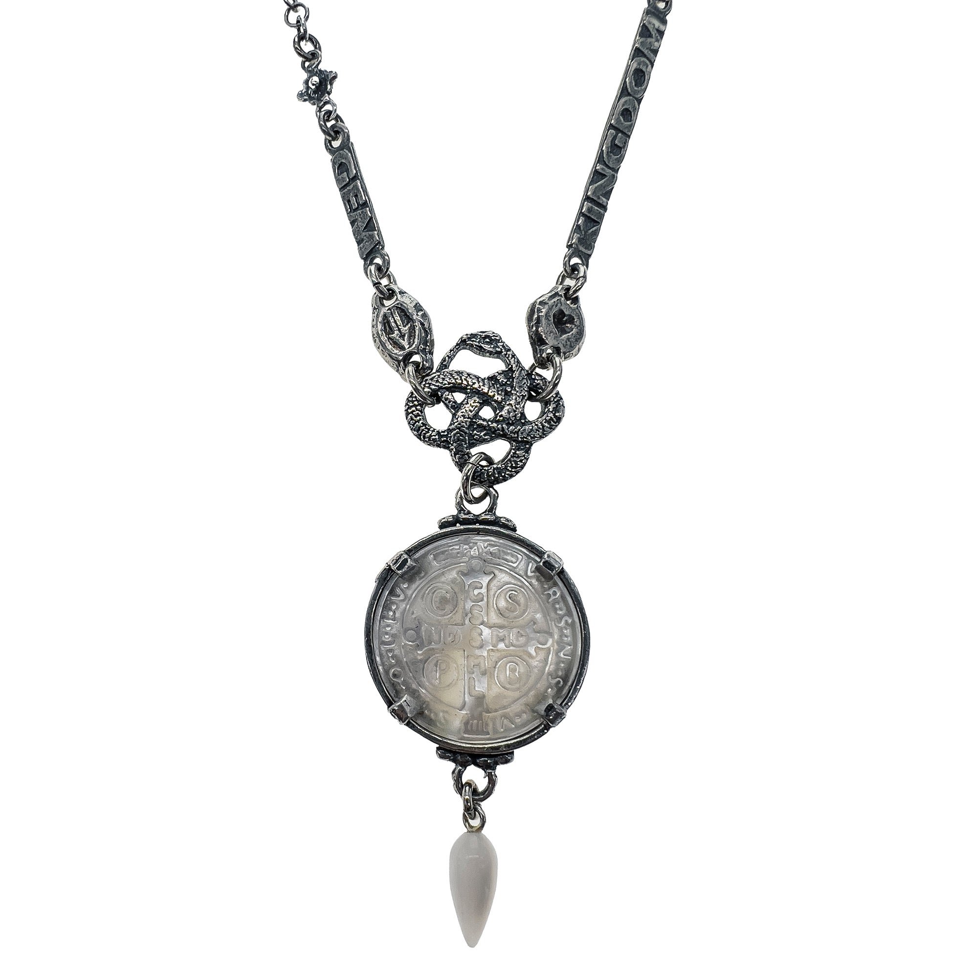 NK 24d28A white saint benedicte medaillion necklace