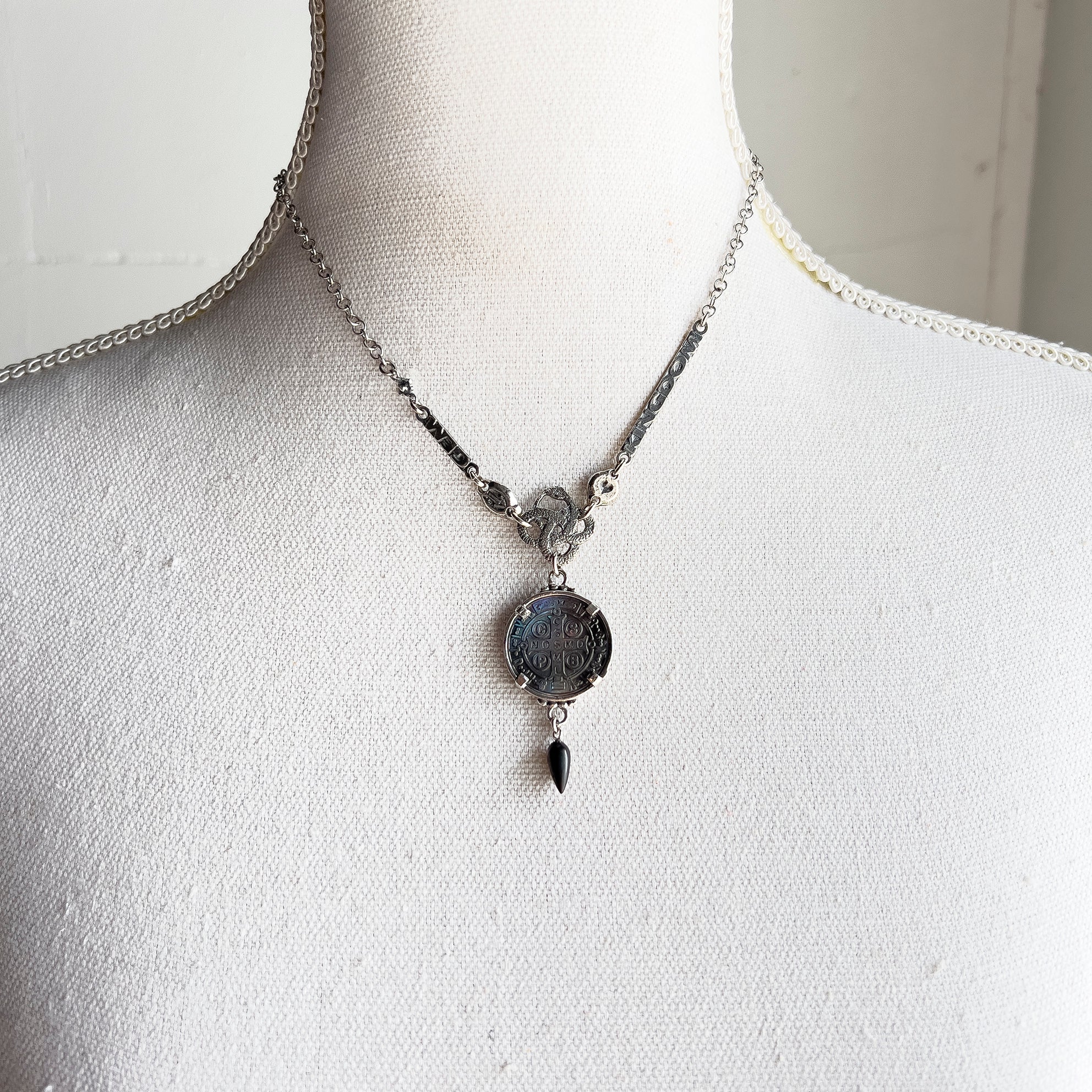 NK 24d28B black saint benedicte medaillion necklace