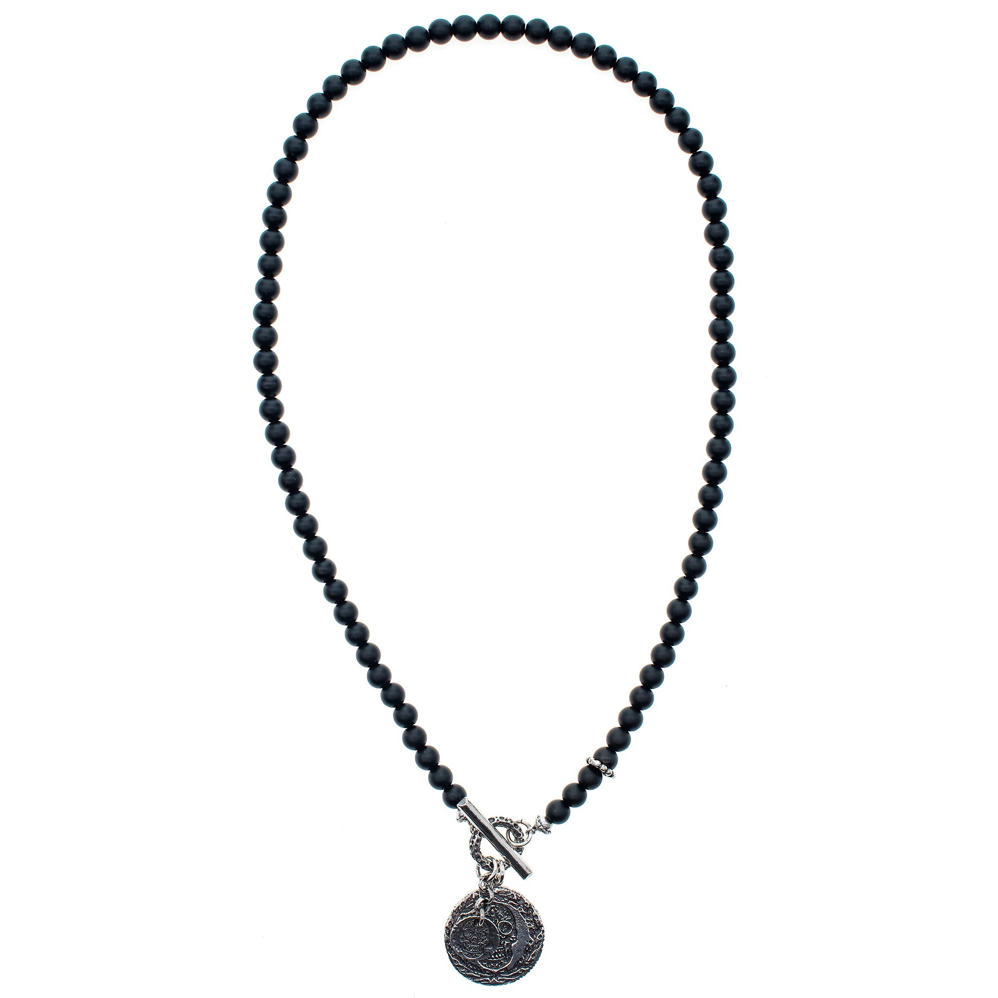 NK 25c02 Black Onyx Sugar Skull Coin Necklace